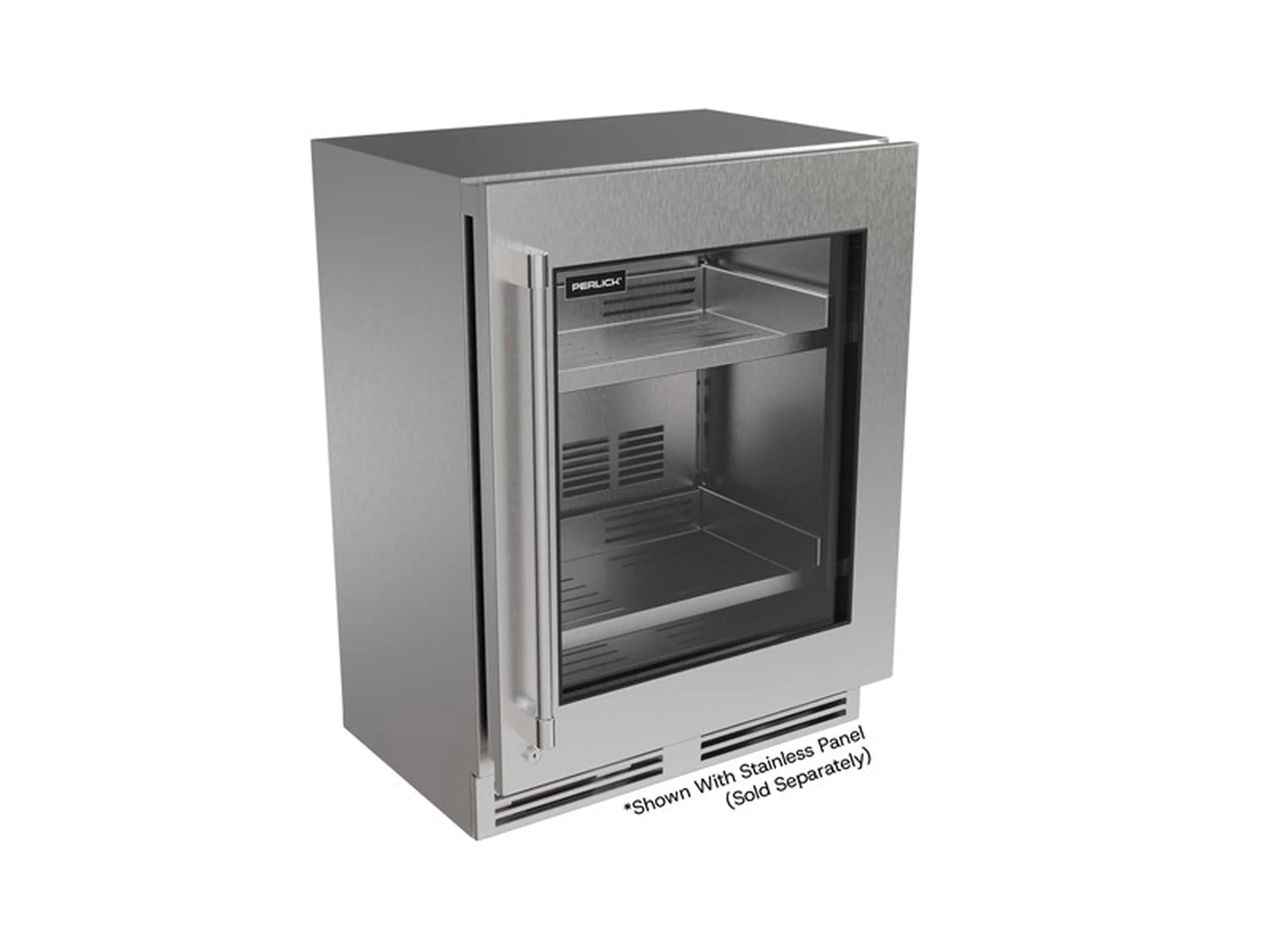 Stainless undercounter refrigerator with closed glass door and visible interior