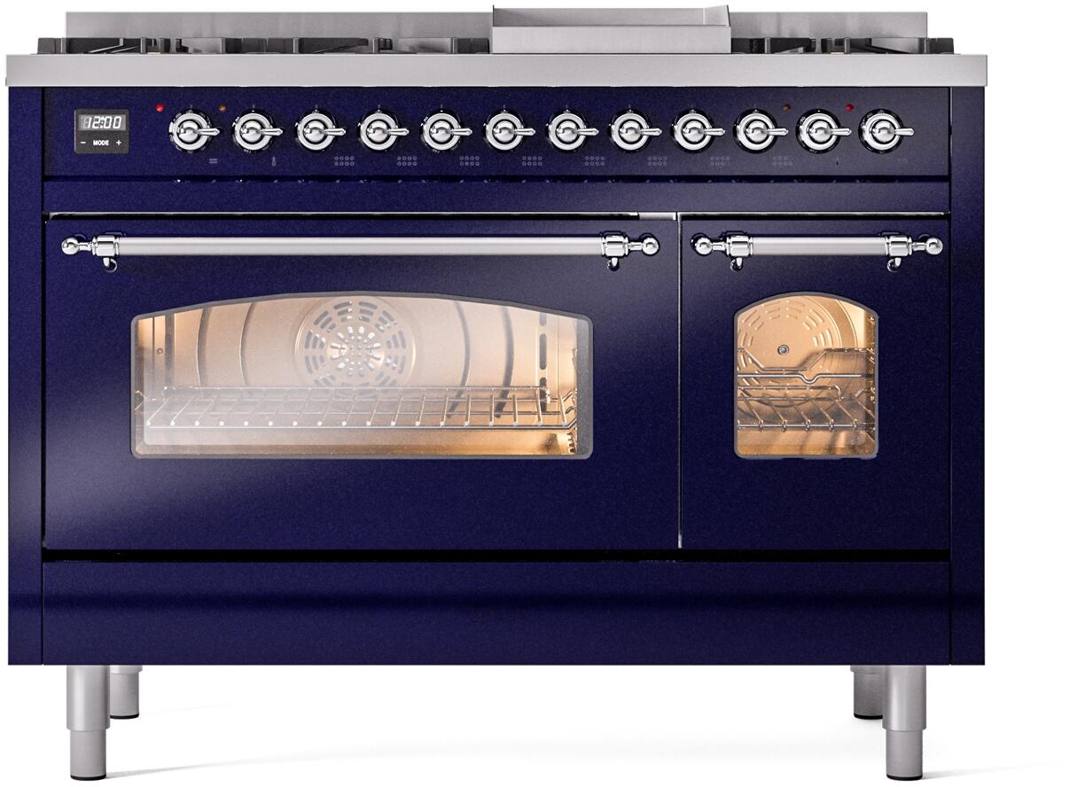 Dual fuel range front with blue body, glass oven window, and side utility oven door