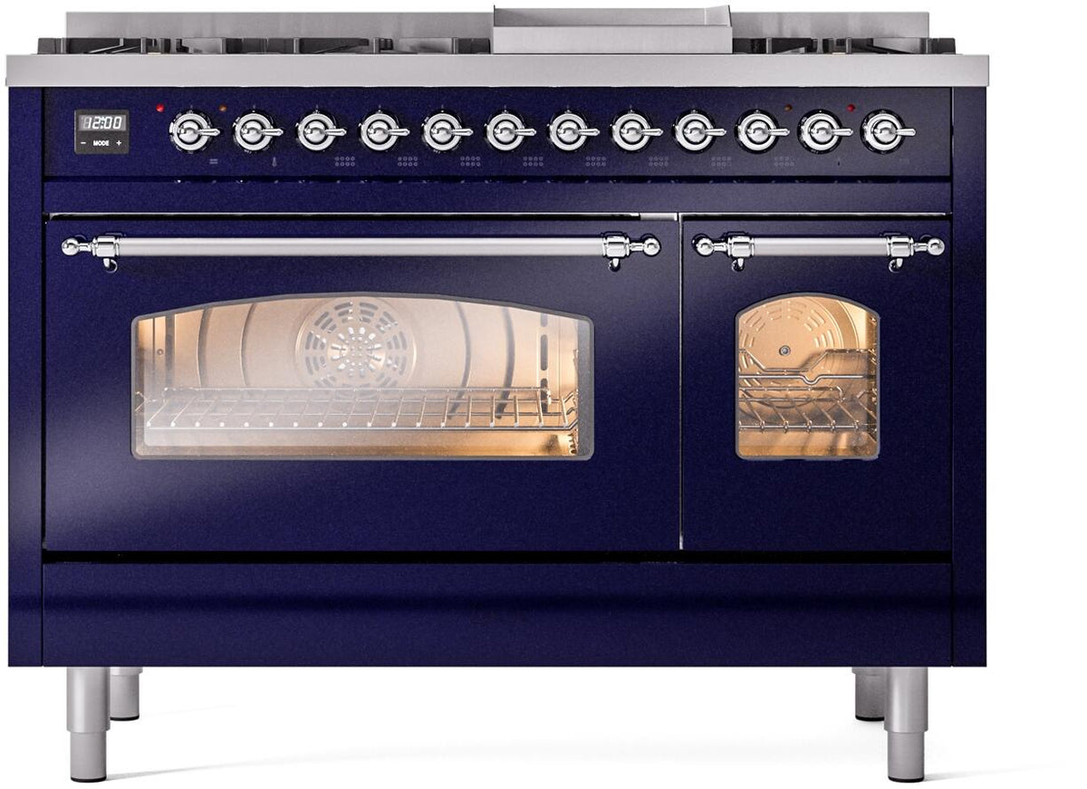 Midnight blue dual fuel freestanding gas range with chrome knobs and lit glass oven window