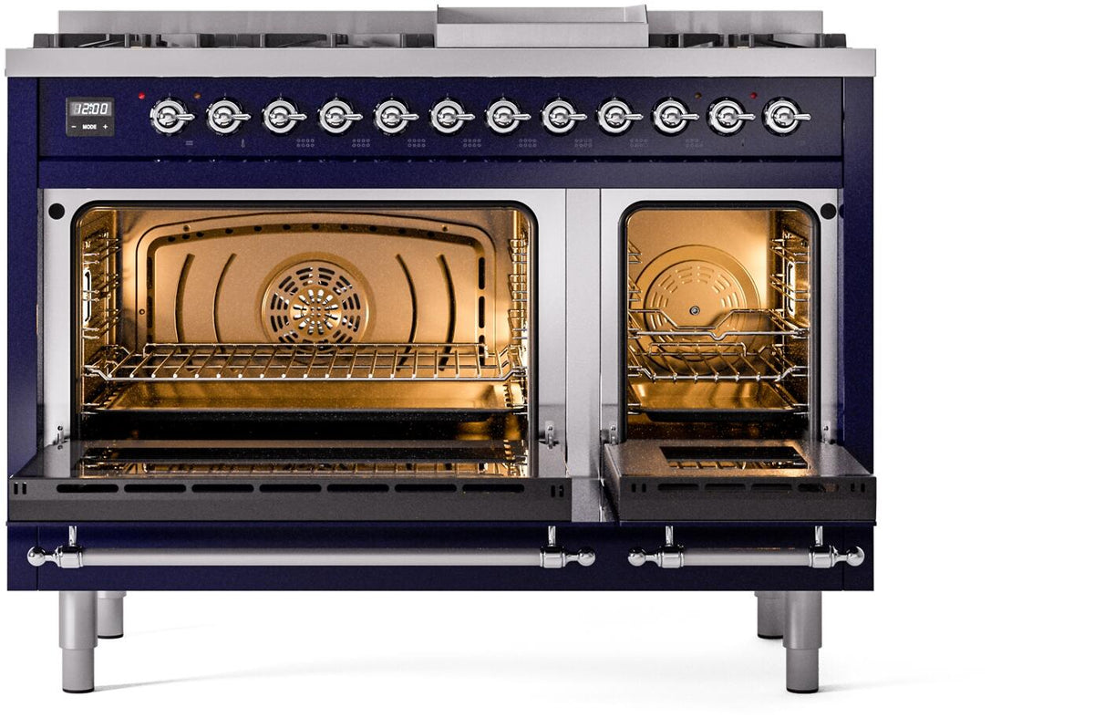 Dual fuel range front with both oven doors open, showing heated racks and fan