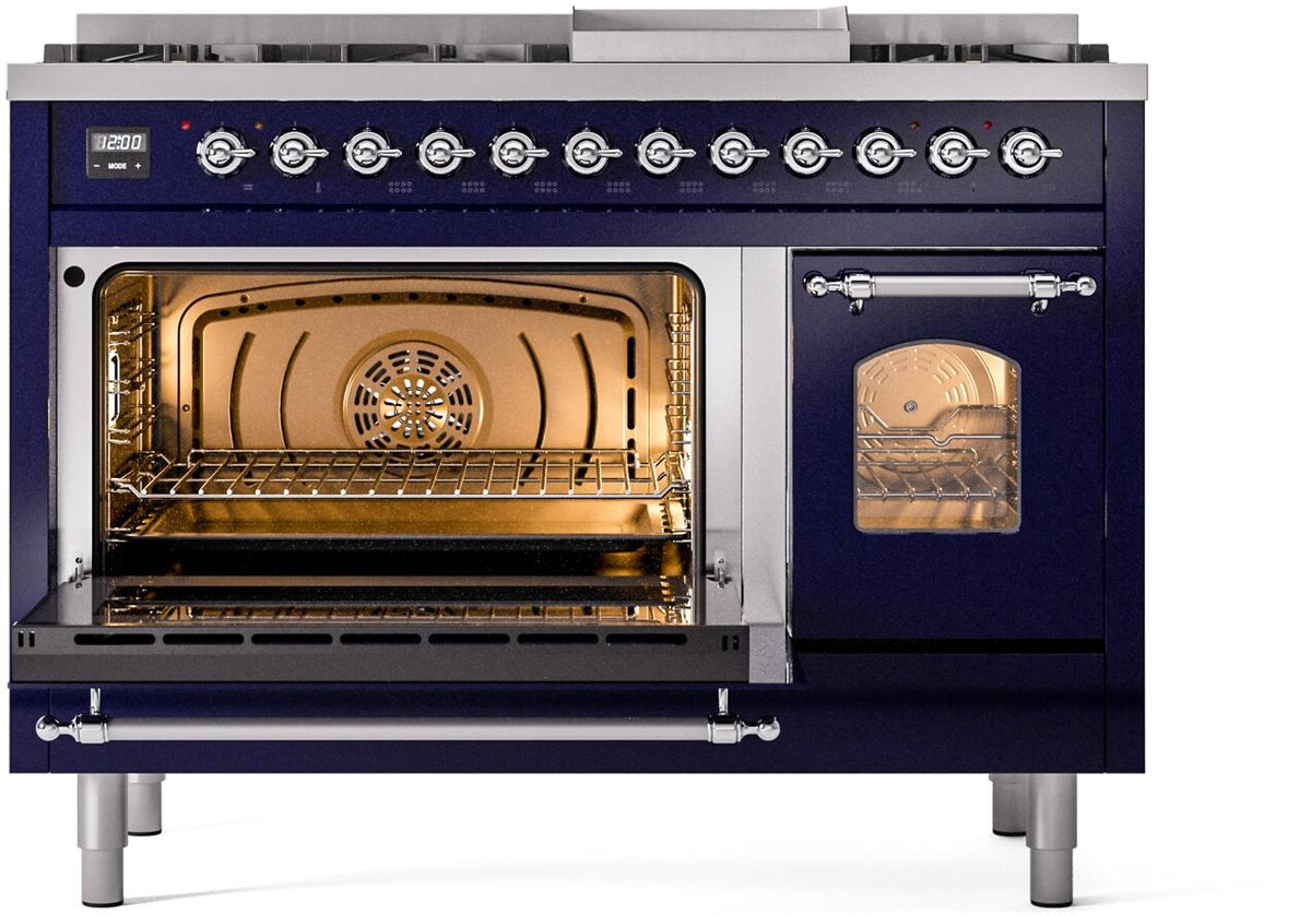 Midnight blue dual fuel freestanding range with both ovens open and racks visible