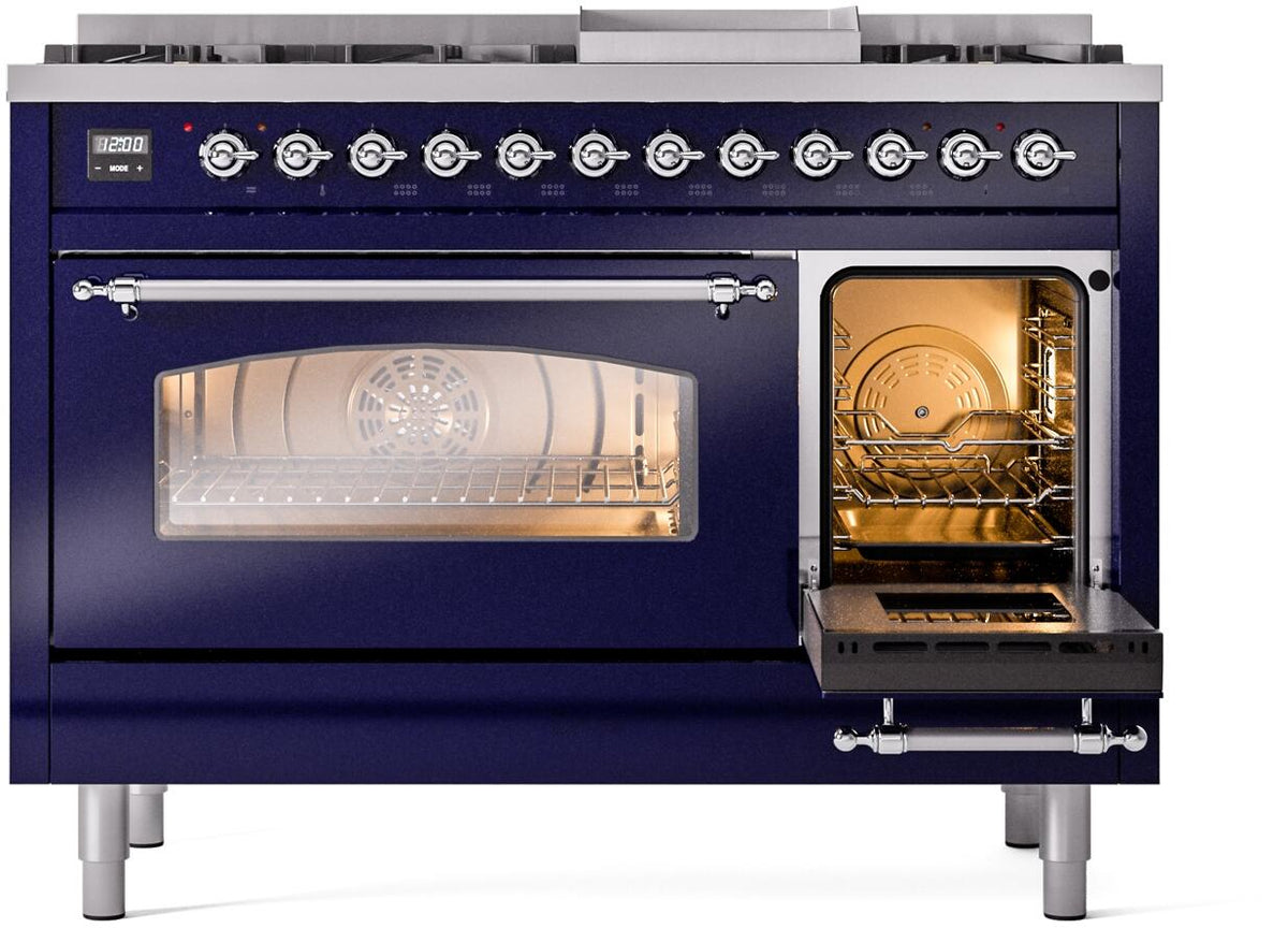Dual fuel range with left oven window open and right oven door open
