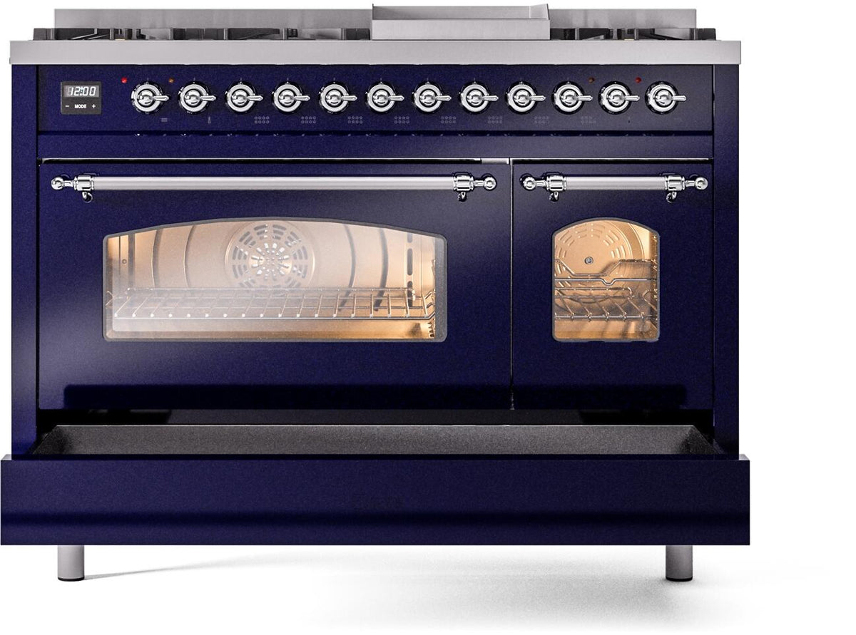 Midnight blue dual fuel freestanding gas range with two glass oven windows and chrome knobs