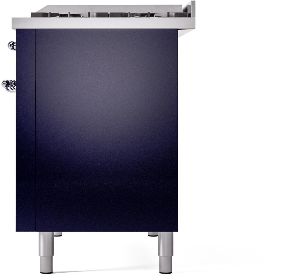 Freestanding gas range in dark blue with rear side details and leveling legs