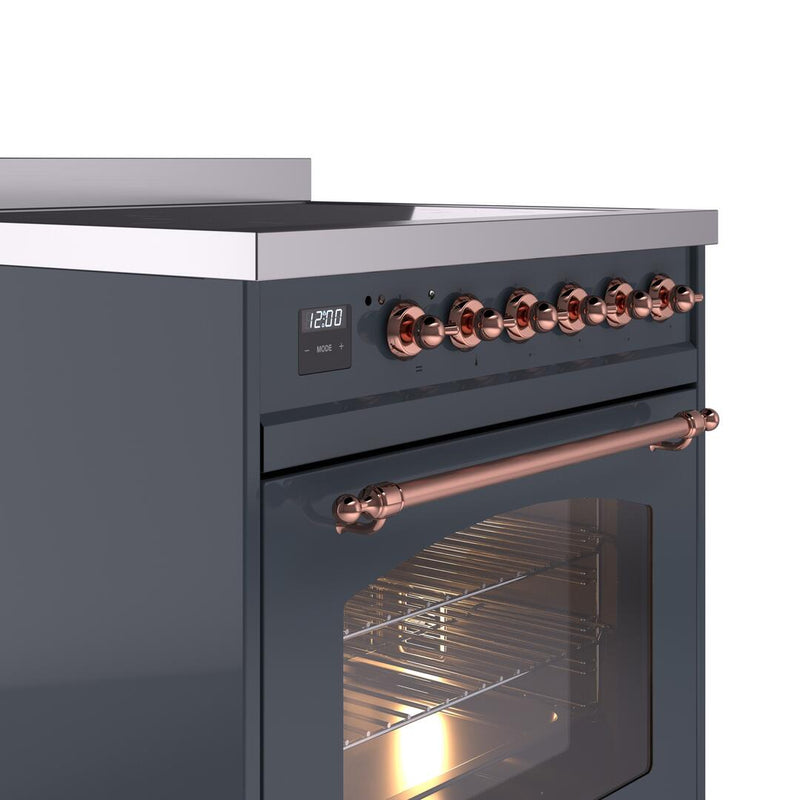 ILVE Nostalgie II 30-Inch Freestanding Electric Induction Range in Blue Grey with Copper Trim (UPI304NMPBGP)