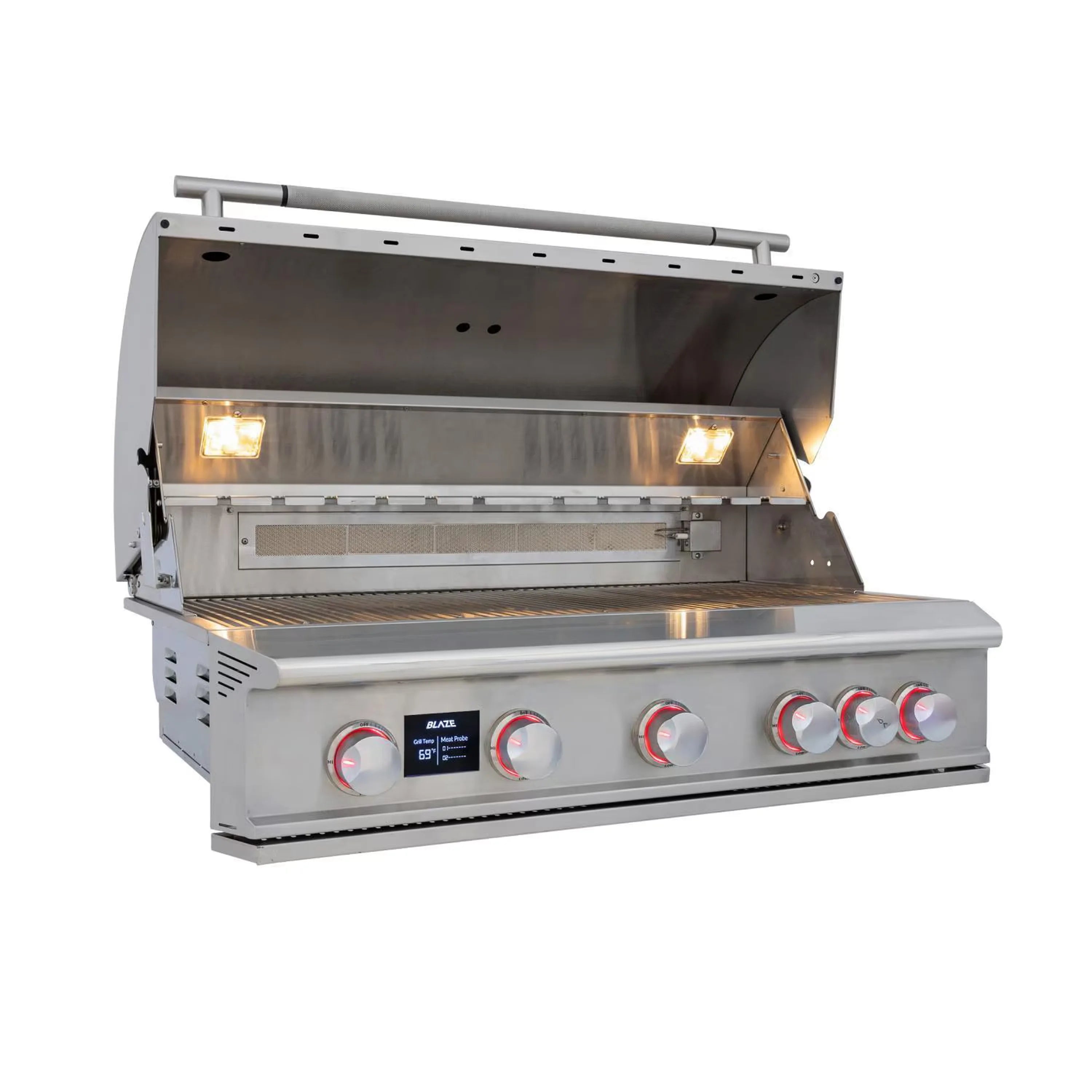Open stainless steel propane gas grill with glowing infrared burner and control knobs