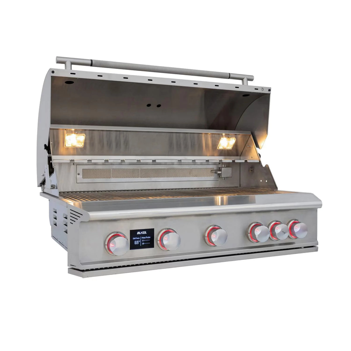 Built-in natural gas grill shown open with lit burners and front control panel