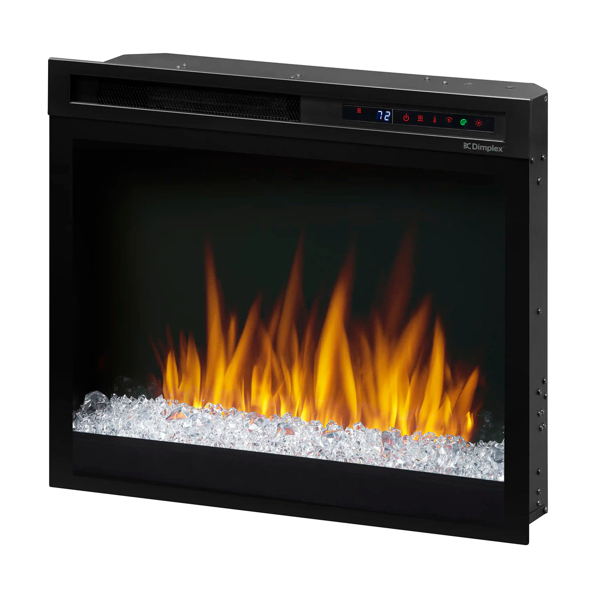 Black electric firebox with flames and clear acrylic ember bed, shown from an angle
