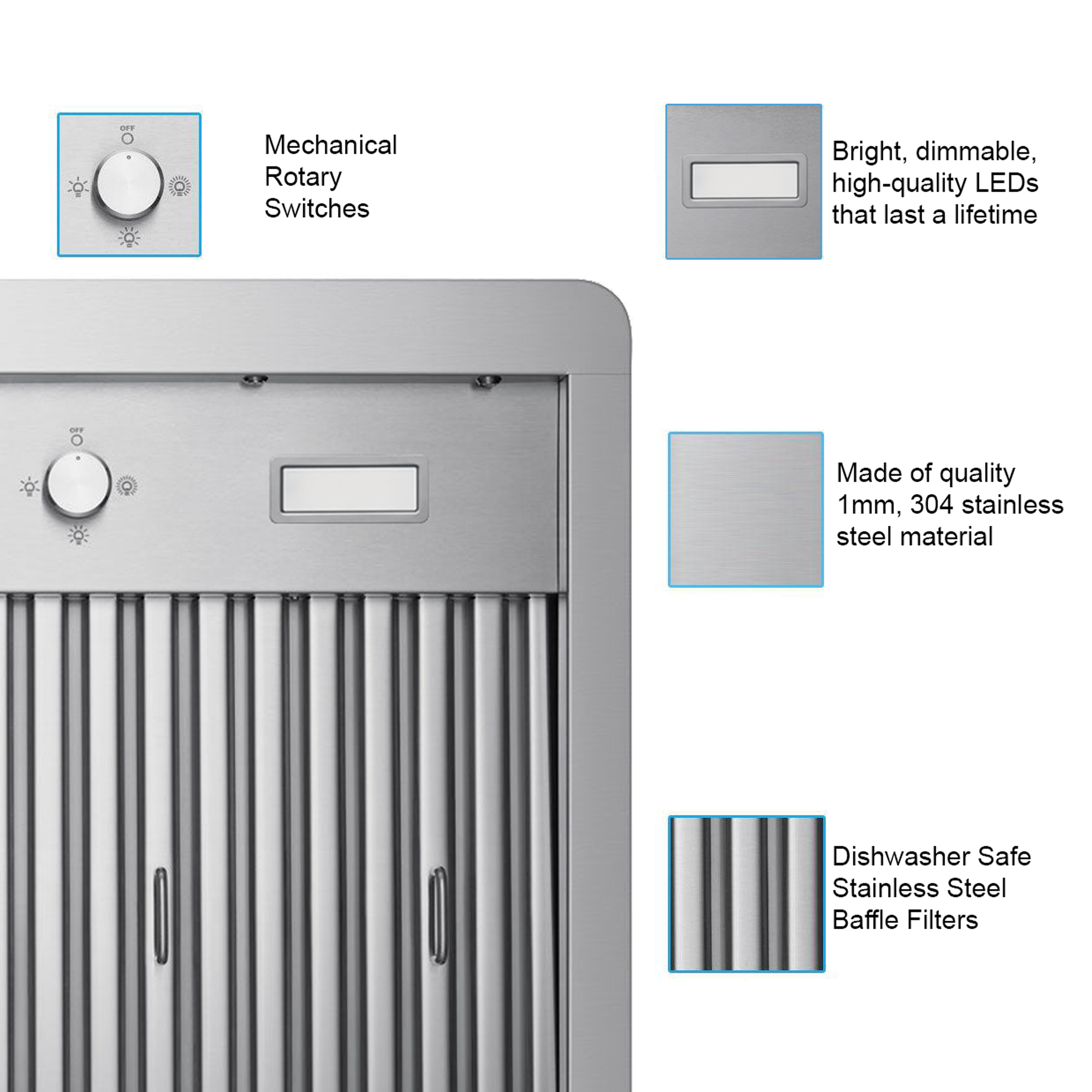 Stainless steel range hood control panel with mechanical rotary switches