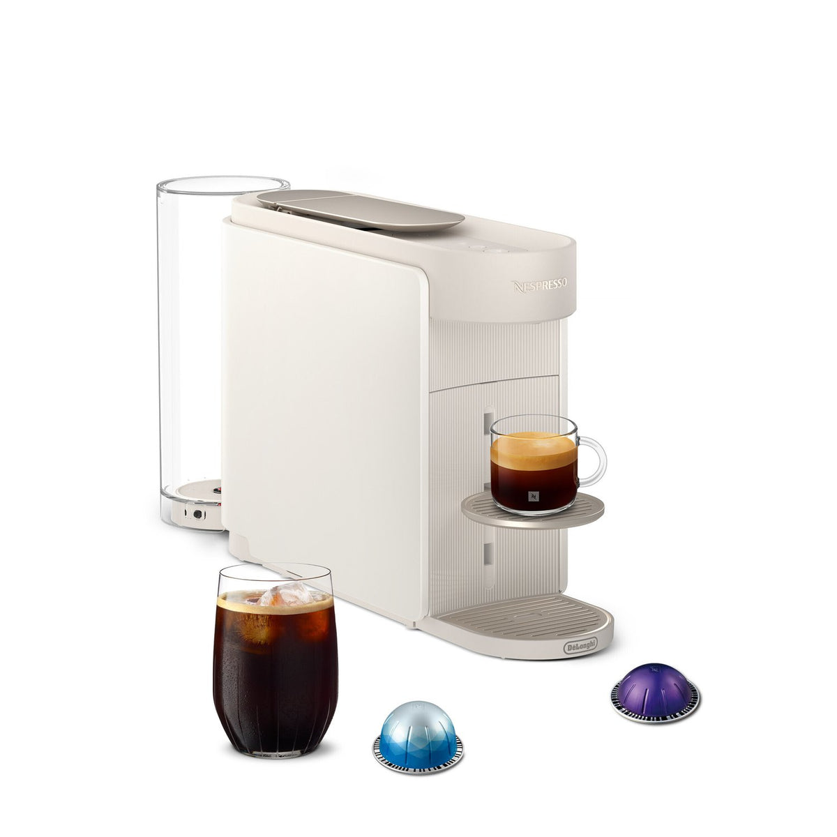 Pearl white Nespresso Vertuo Up single-serve coffee machine with brewed cup