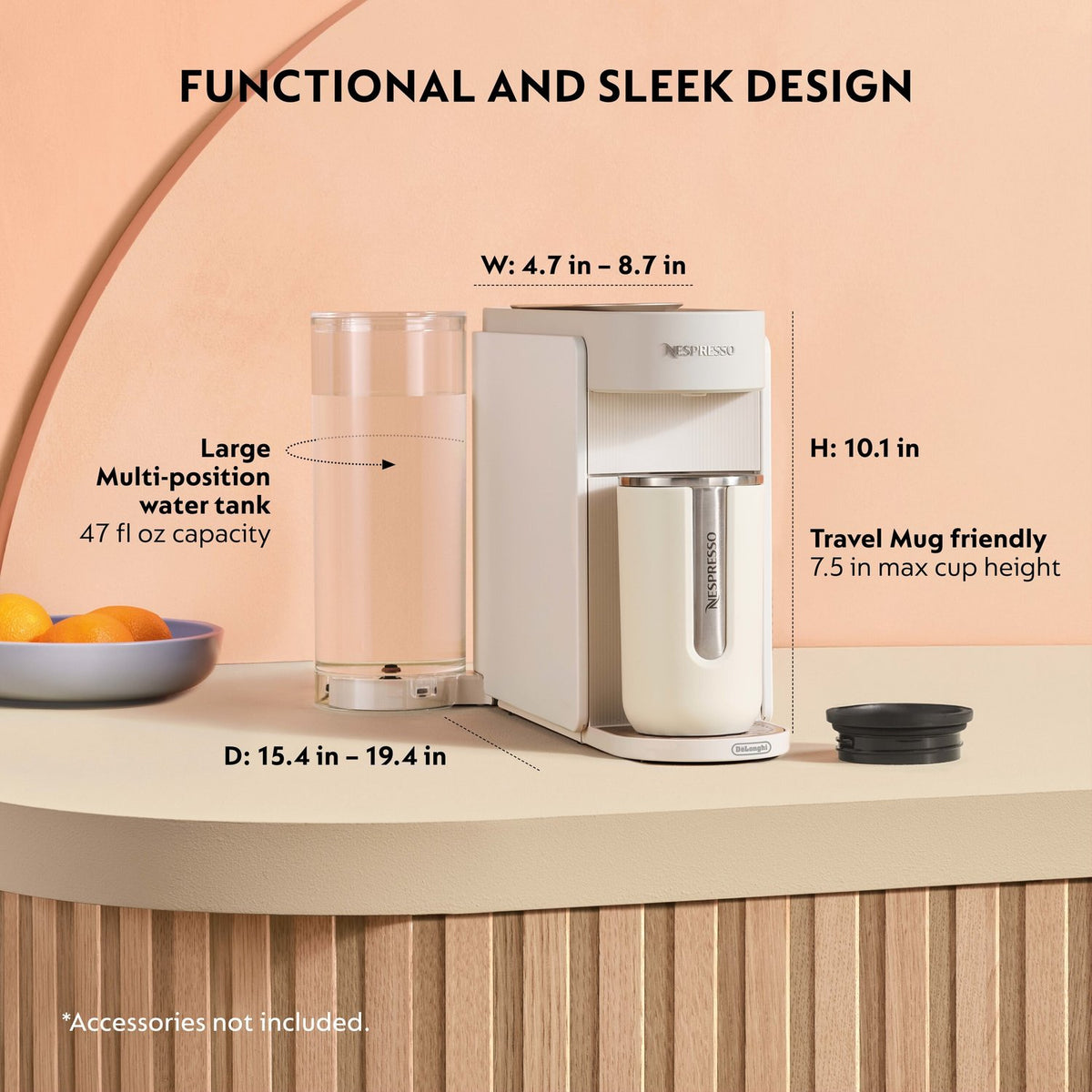 Pearl white Nespresso Vertuo Up machine with tank, cup platform, and size view