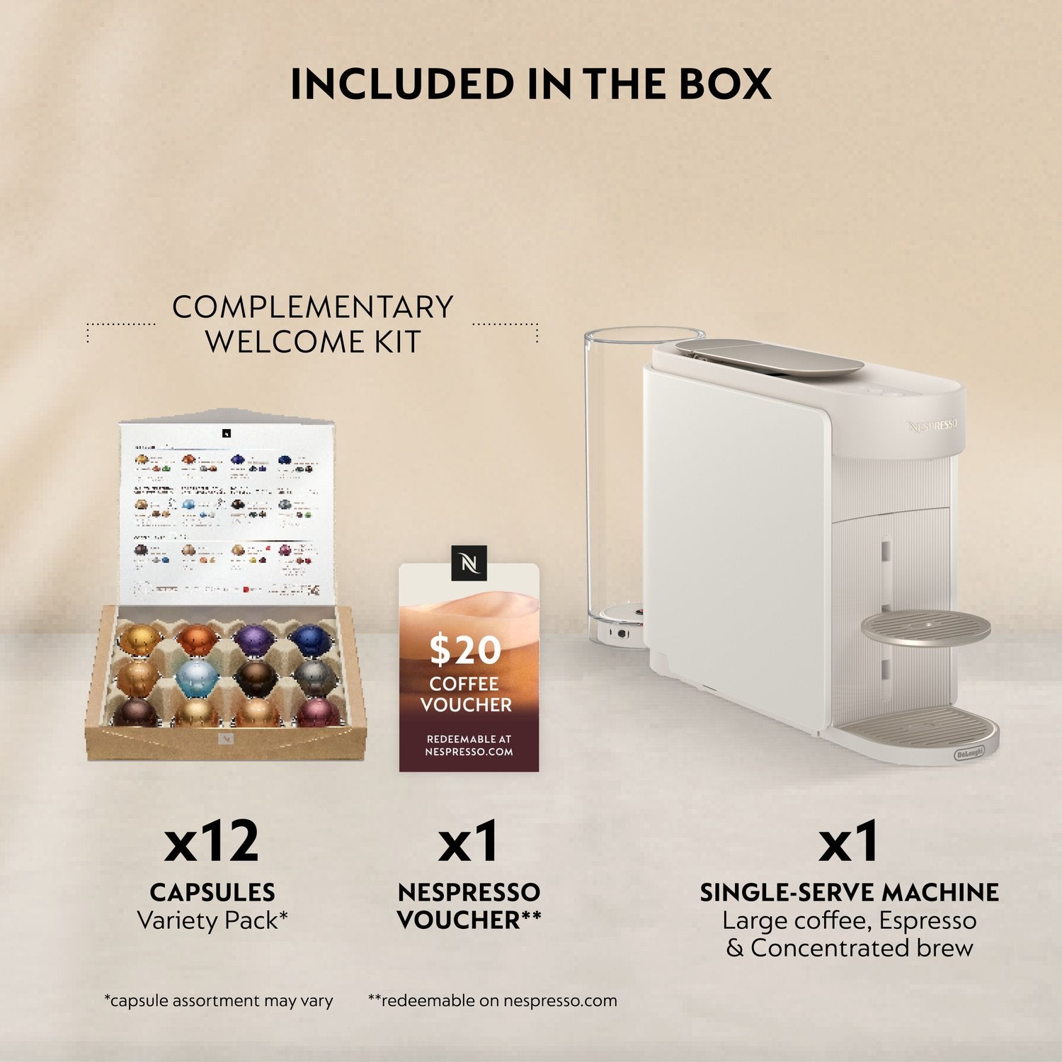 Nespresso Vertuo Up single-serve machine shown with included welcome kit items
