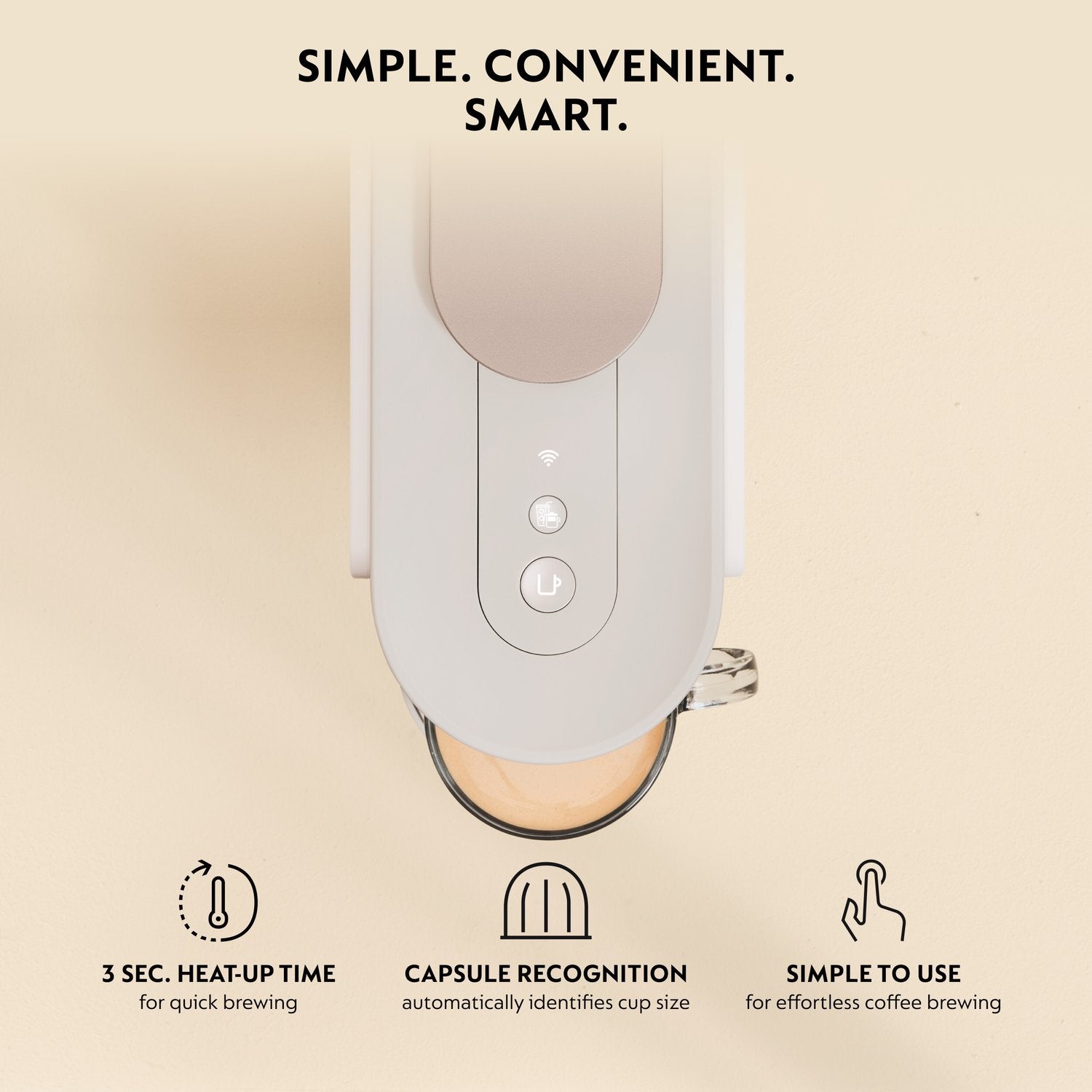 Pearl white Nespresso Vertuo Up machine with capsule recognition and quick heat-up