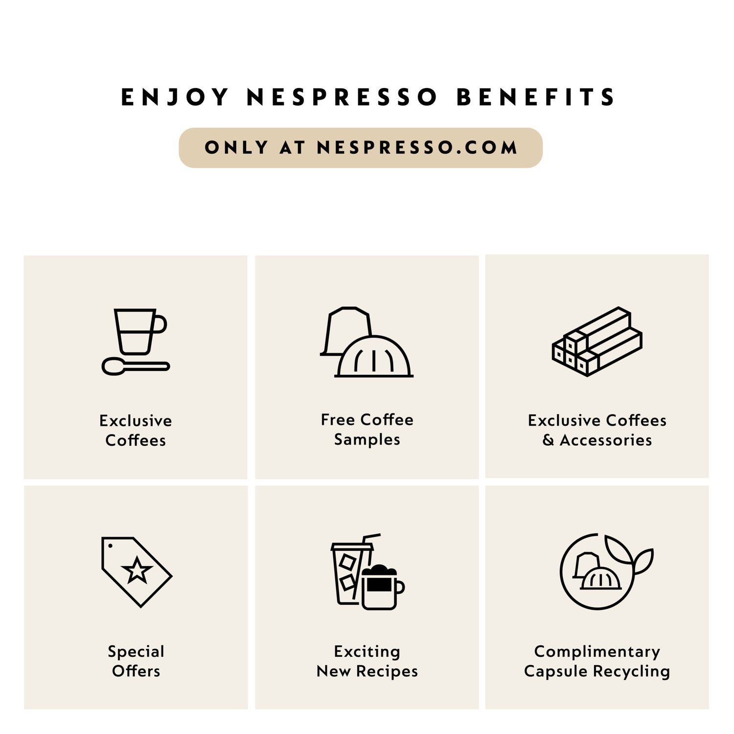 Icon cards promoting Nespresso benefits for coffee, samples, offers, and recipes