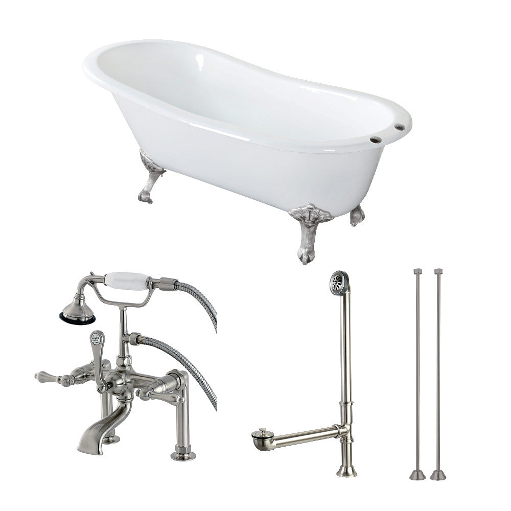 White oval single slipper clawfoot cast iron tub with brushed nickel faucet and drain kit