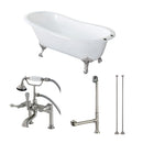 Kingston Brass Aqua Eden 62" Cast Iron Oval Single Slipper Clawfoot Tub with Faucet Drain and Supply Lines Combo, White/Brushed Nickel (KCT7D653129C8)