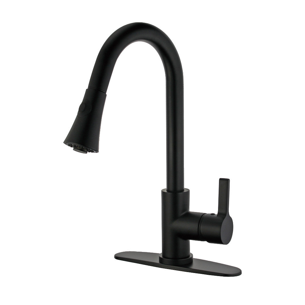 Matte black single-handle pull-down kitchen faucet with tall curved spout and base