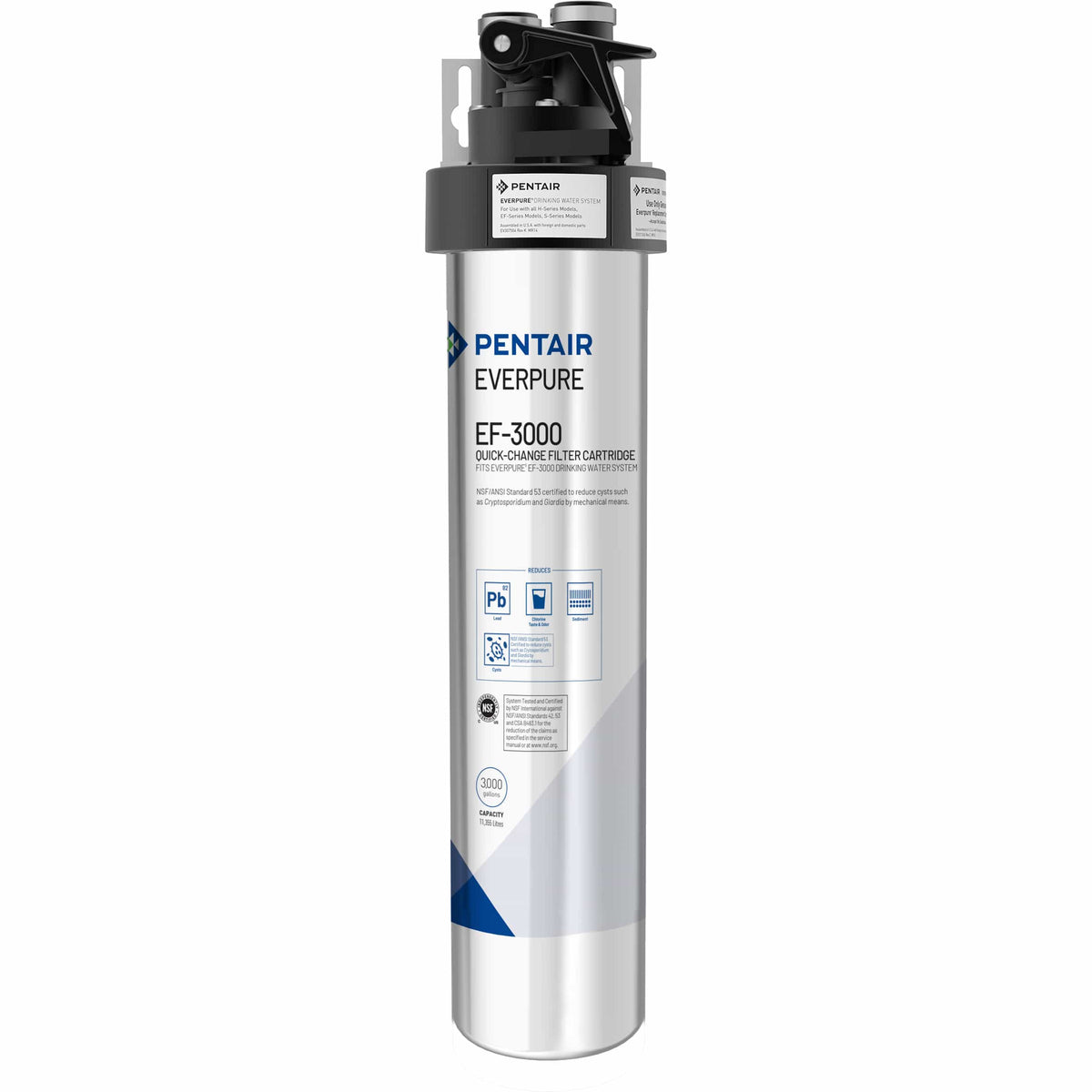 Silver cylindrical water filter cartridge with black top fittings
