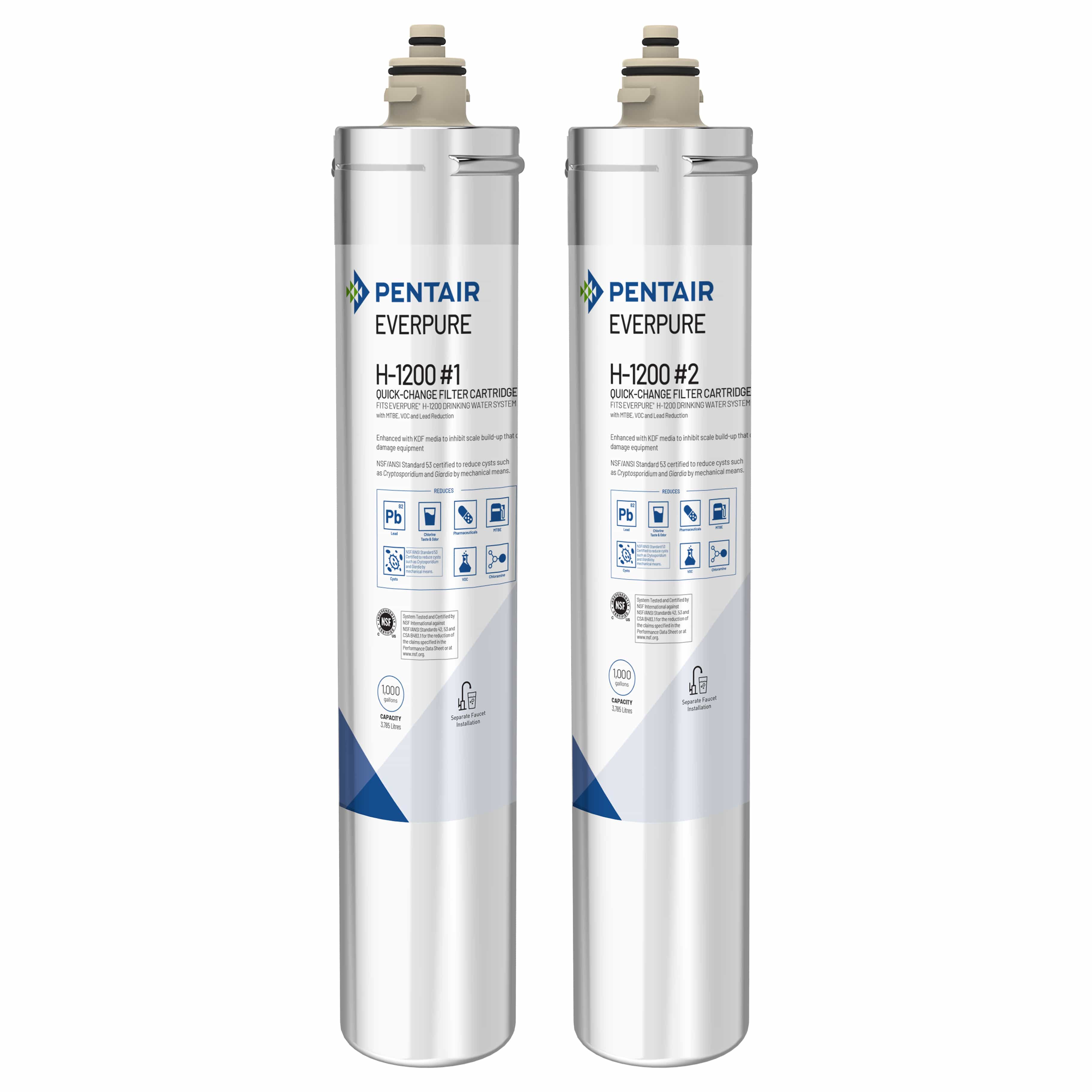 Two Pentair Everpure H-1200 replacement filter cartridges, stainless steel housings