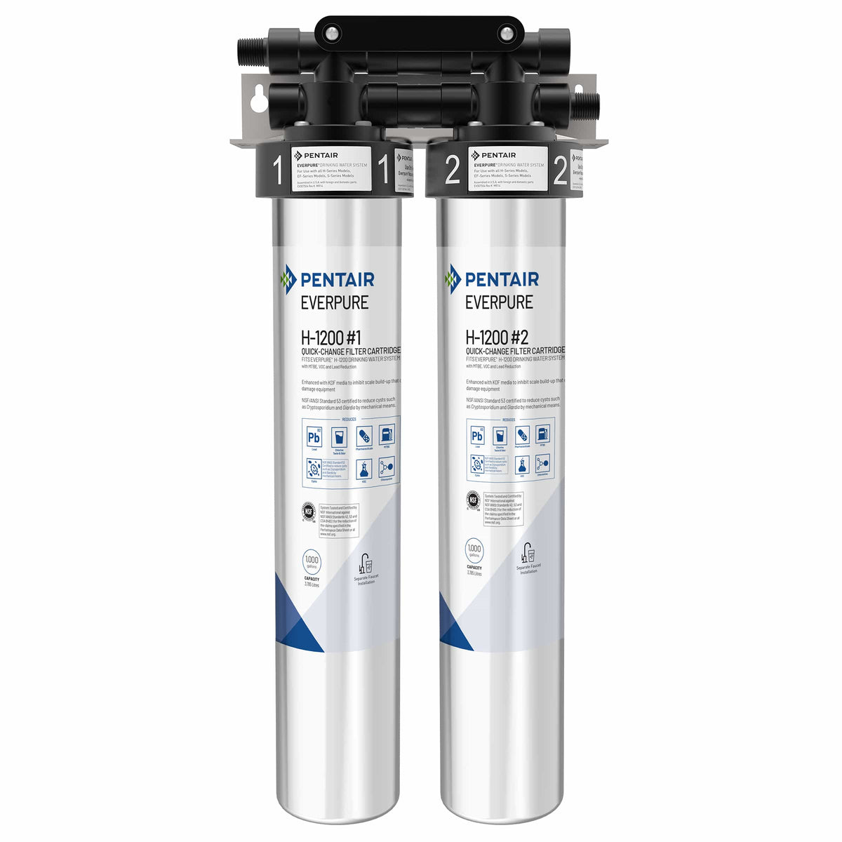 Pentair Everpure H-1200 dual cartridge drinking water filter system with black head
