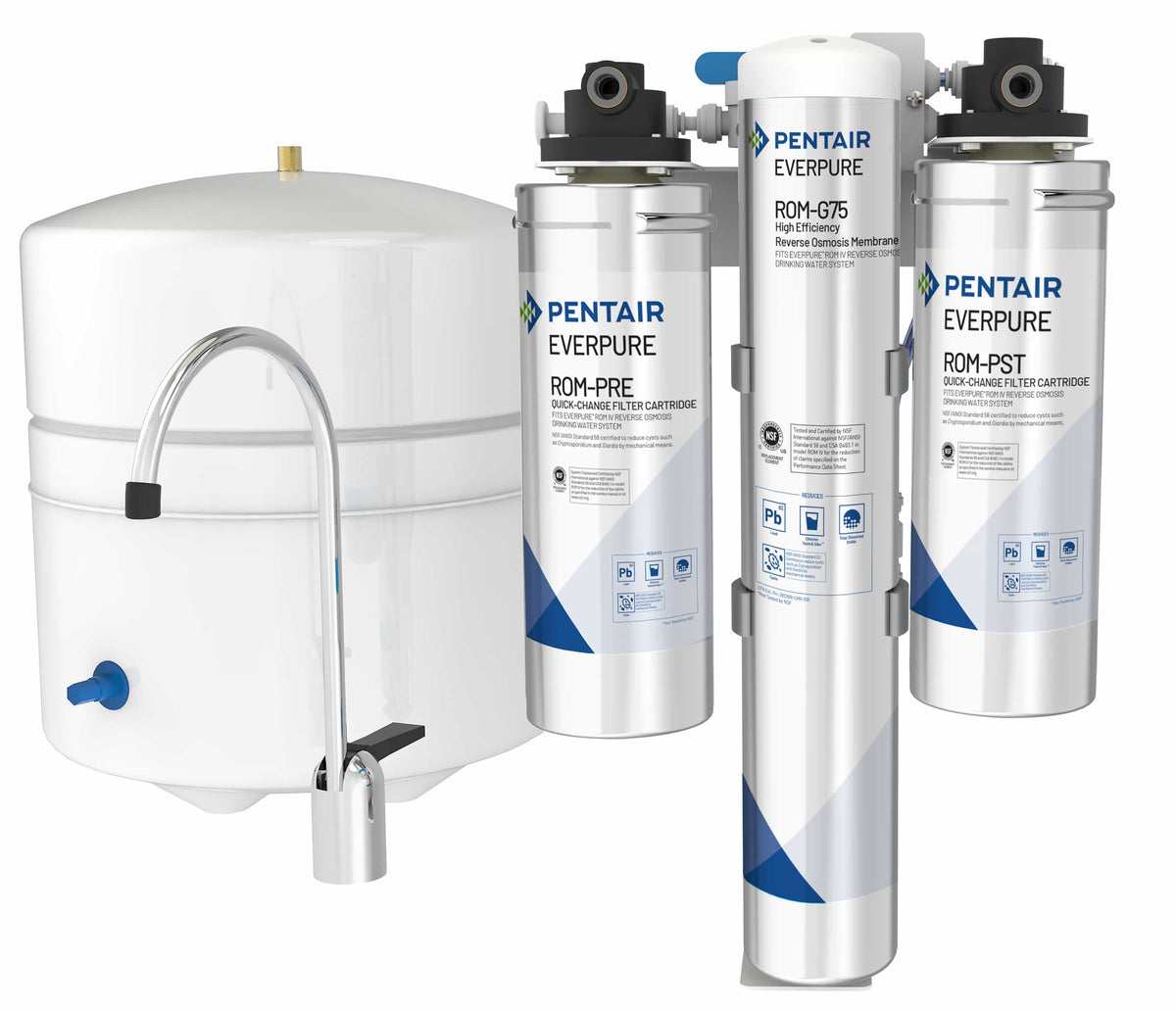 3-stage reverse osmosis water filtration system with storage tank and faucet, white and blue