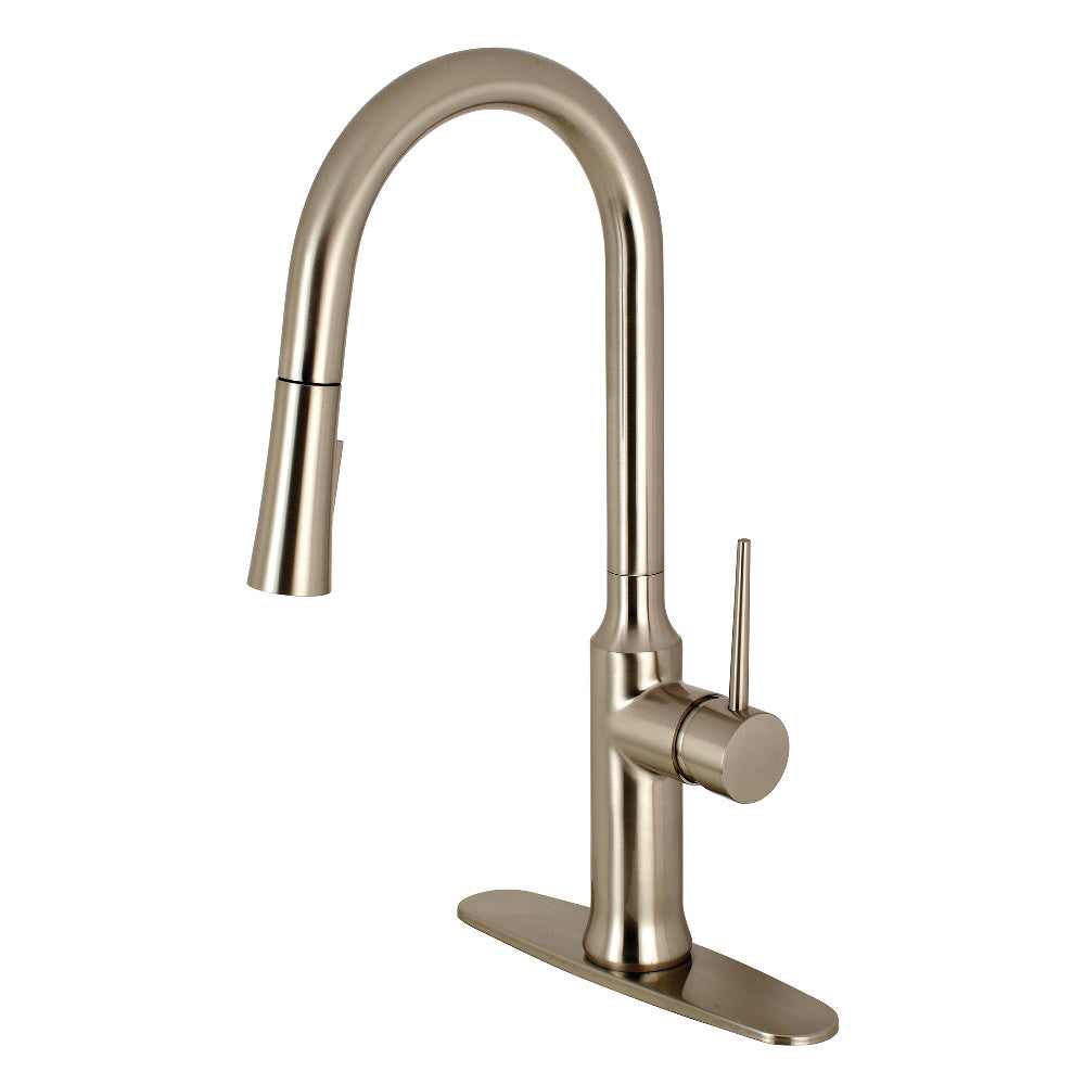 Brushed nickel single-handle pull-down kitchen faucet with arched spout and deck plate