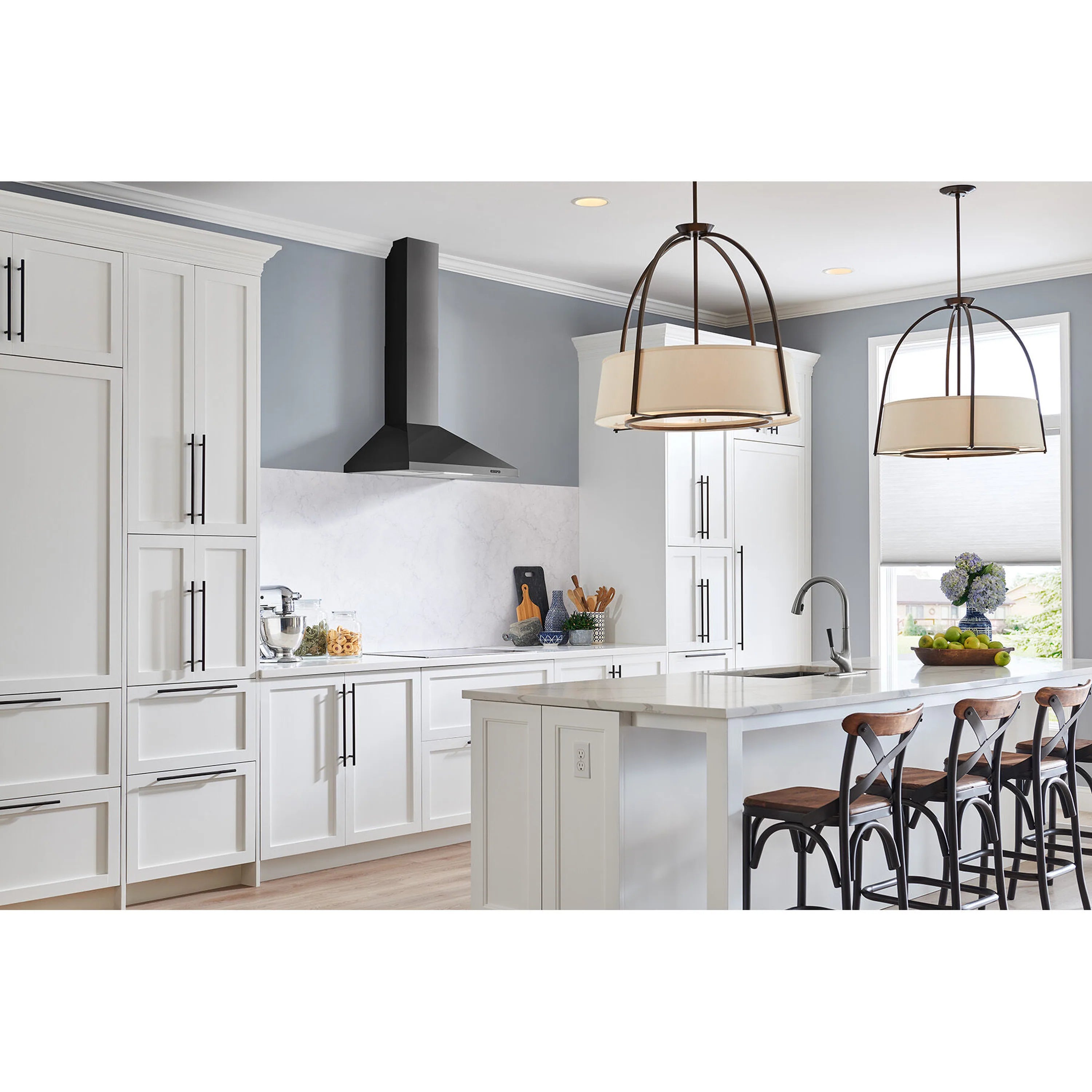 Black stainless steel pyramidal chimney range hood with tall vertical chimney body