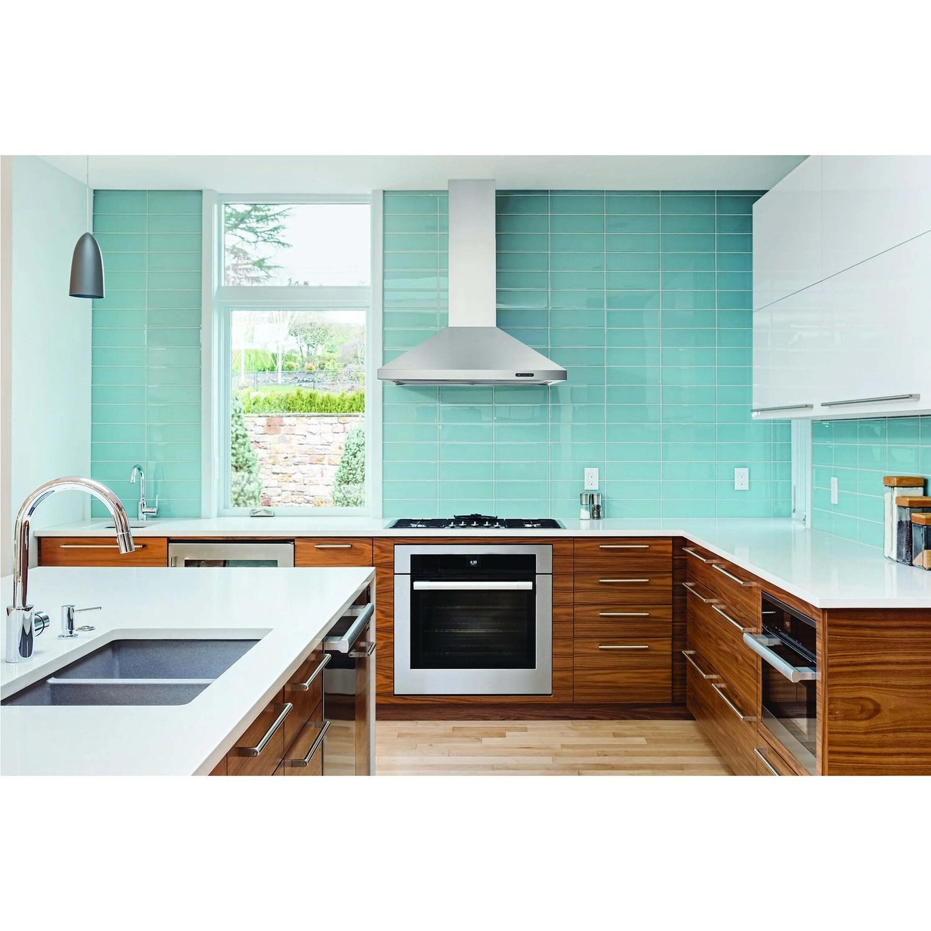 Stainless steel pyramidal chimney range hood underside with small control panel
