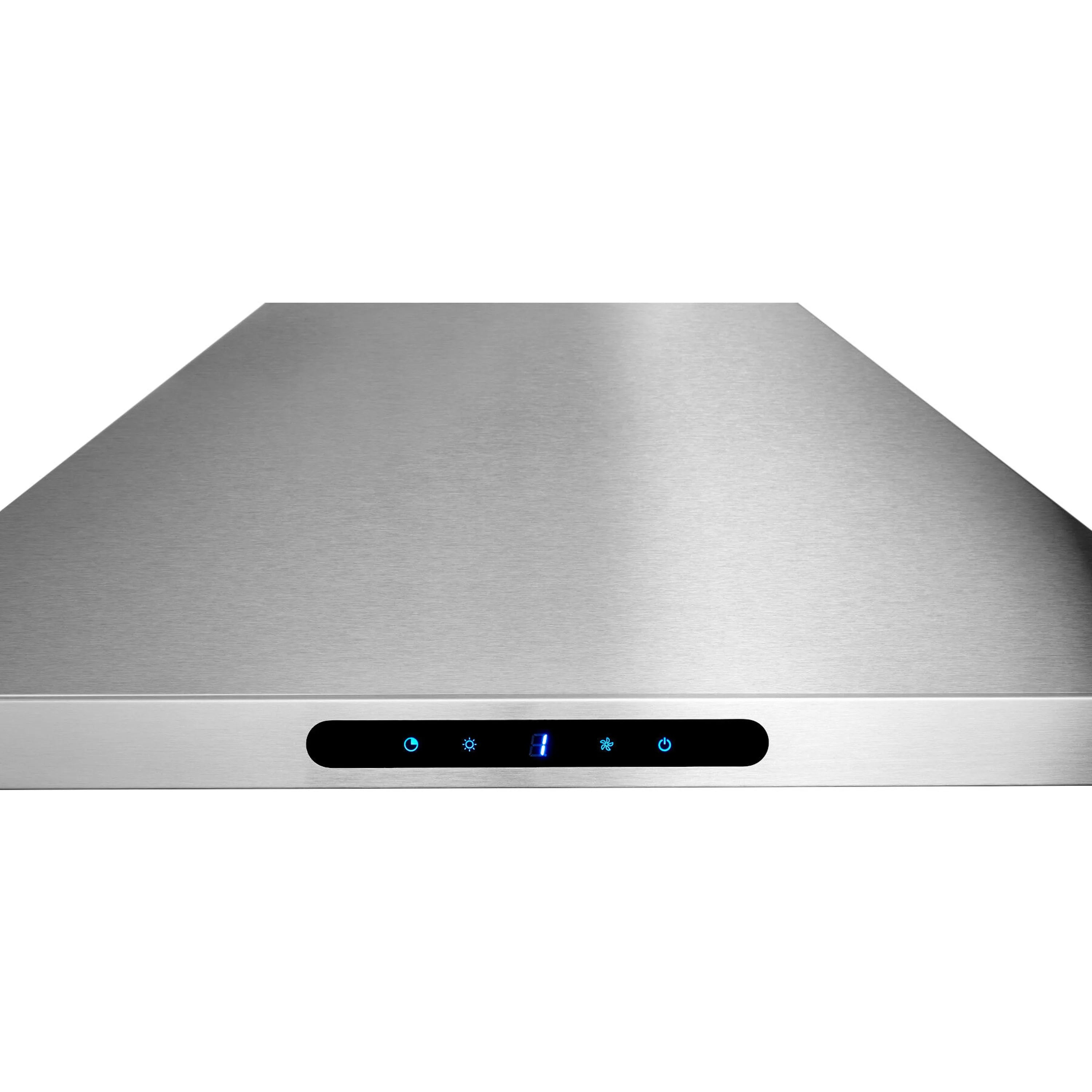 Stainless steel range hood control panel with LED icons and touch buttons