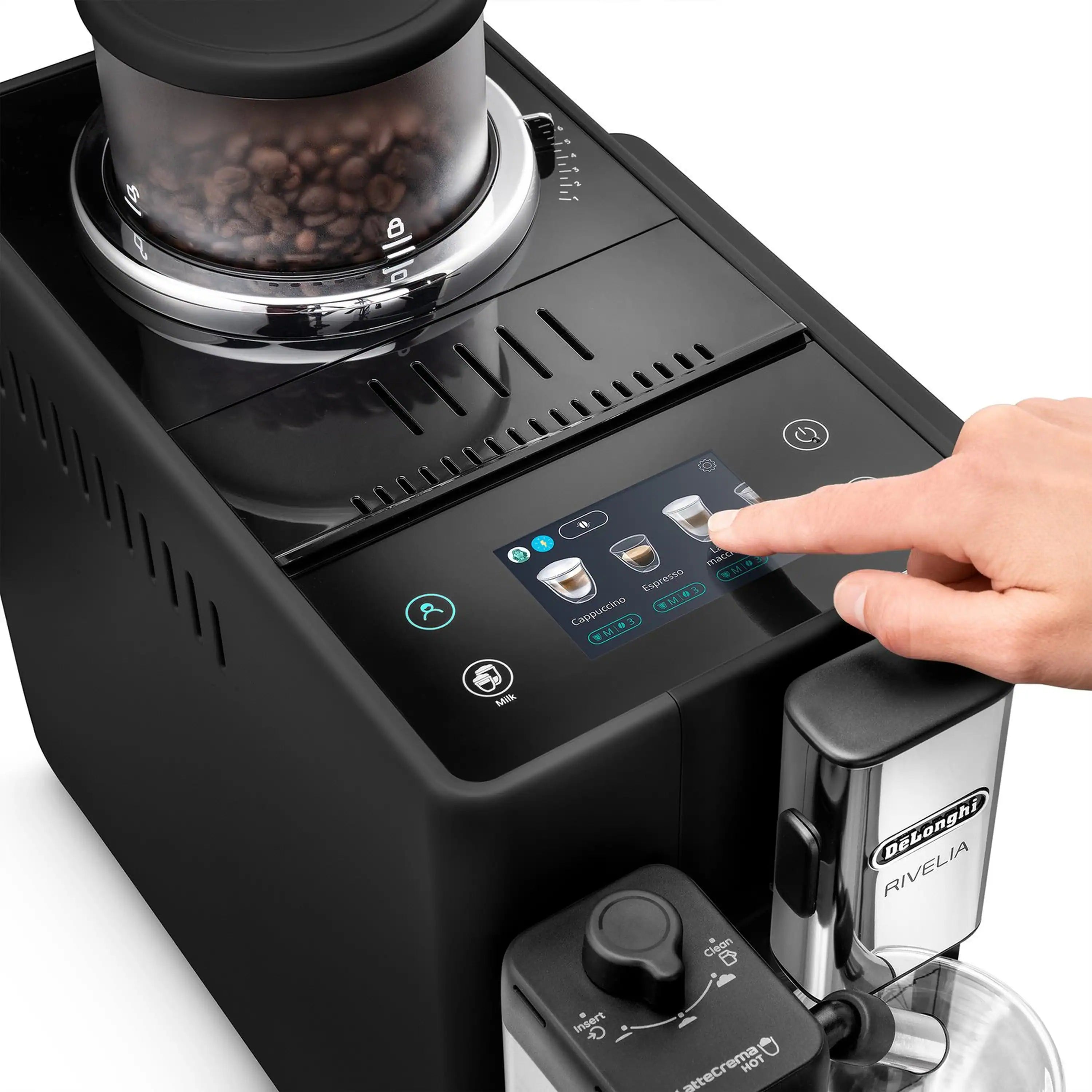 Black espresso machine touchscreen area with drink icons and selector dial.