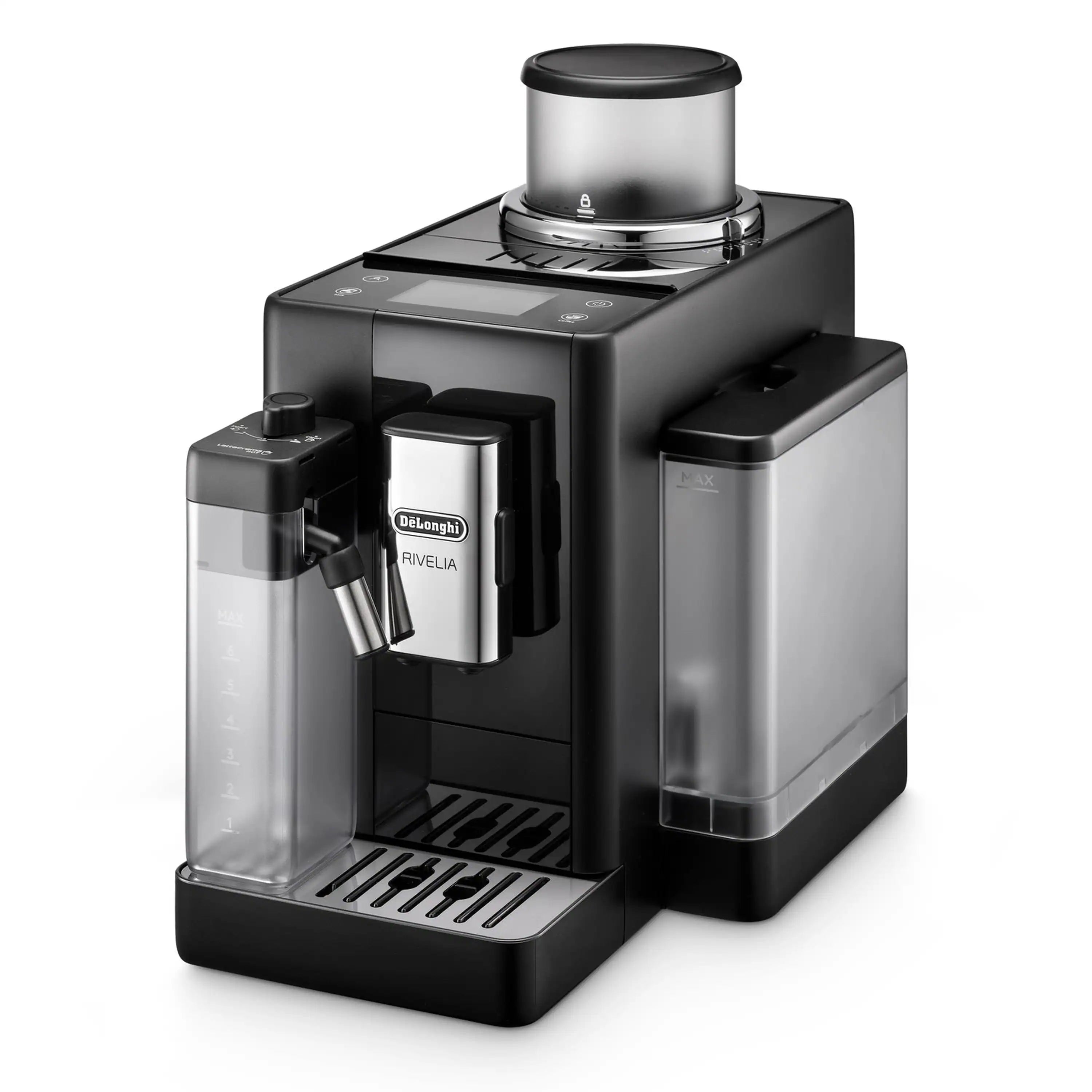 Angled view of black fully automatic espresso machine with milk and water reservoirs.