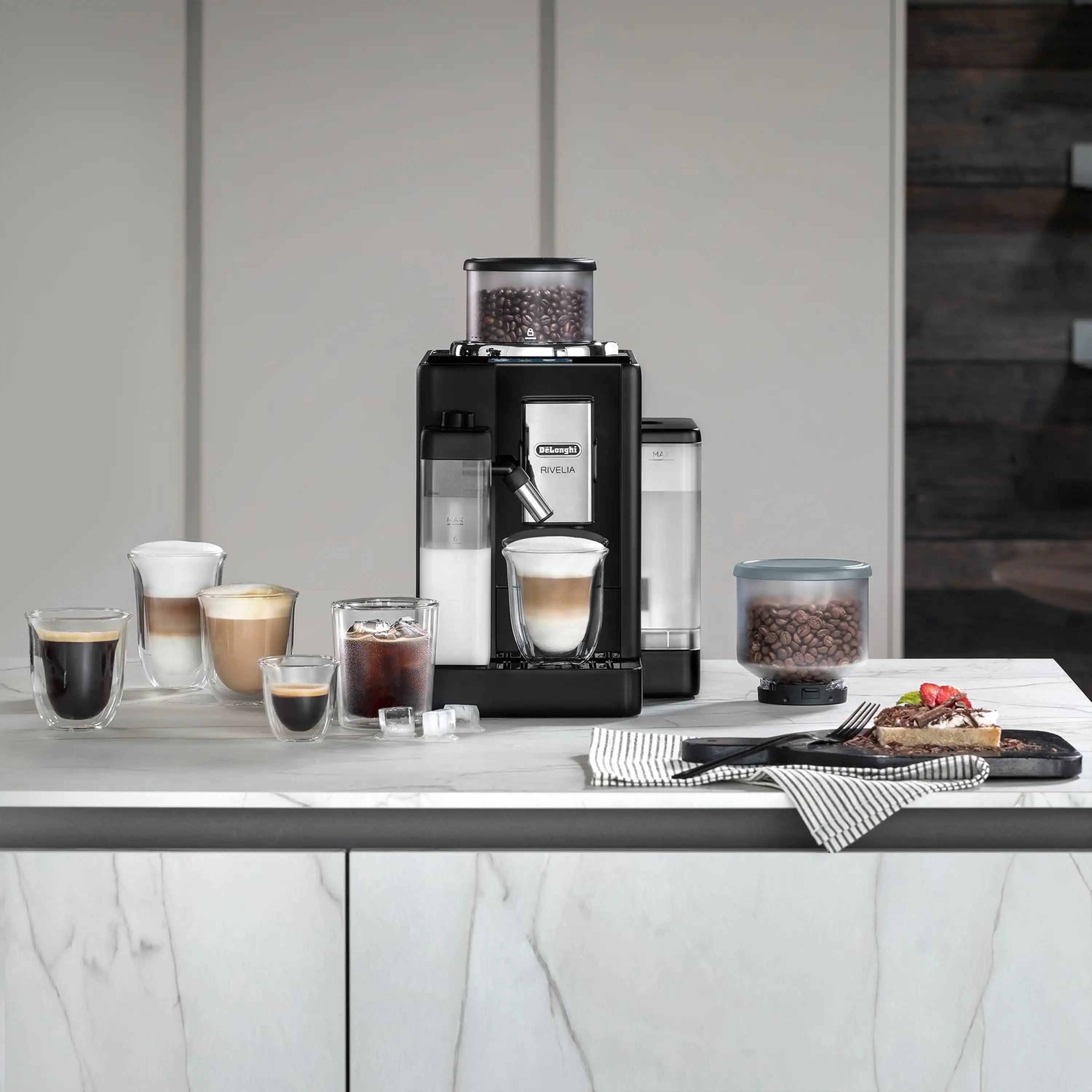 Black fully automatic espresso machine with dual bean hoppers and milk frother setup