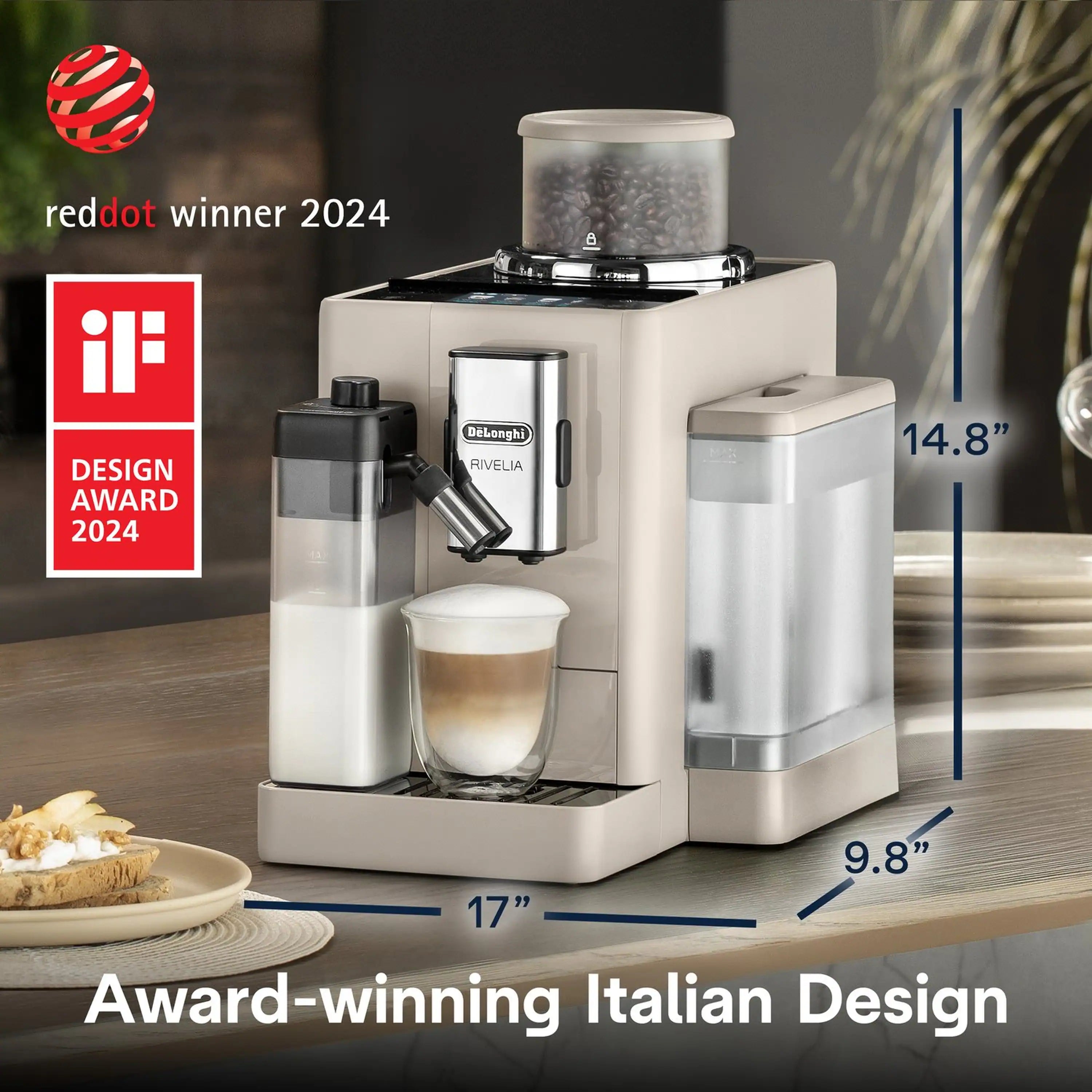 Stainless and black fully automatic espresso machine on wooden countertop