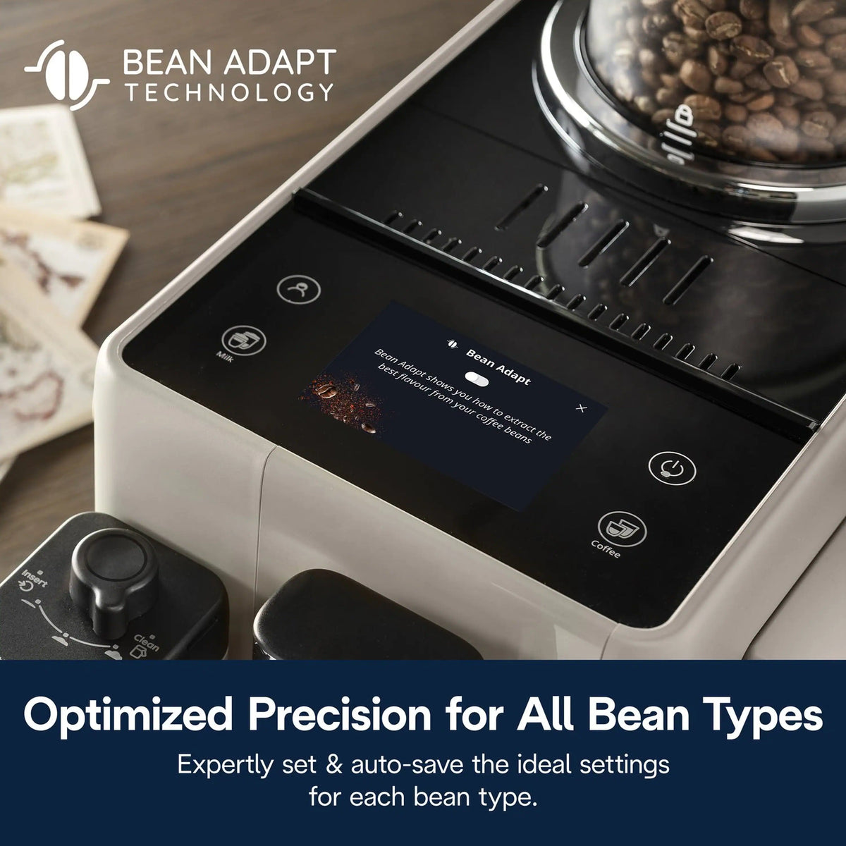 Black espresso machine display showing drink options and bean type setting.