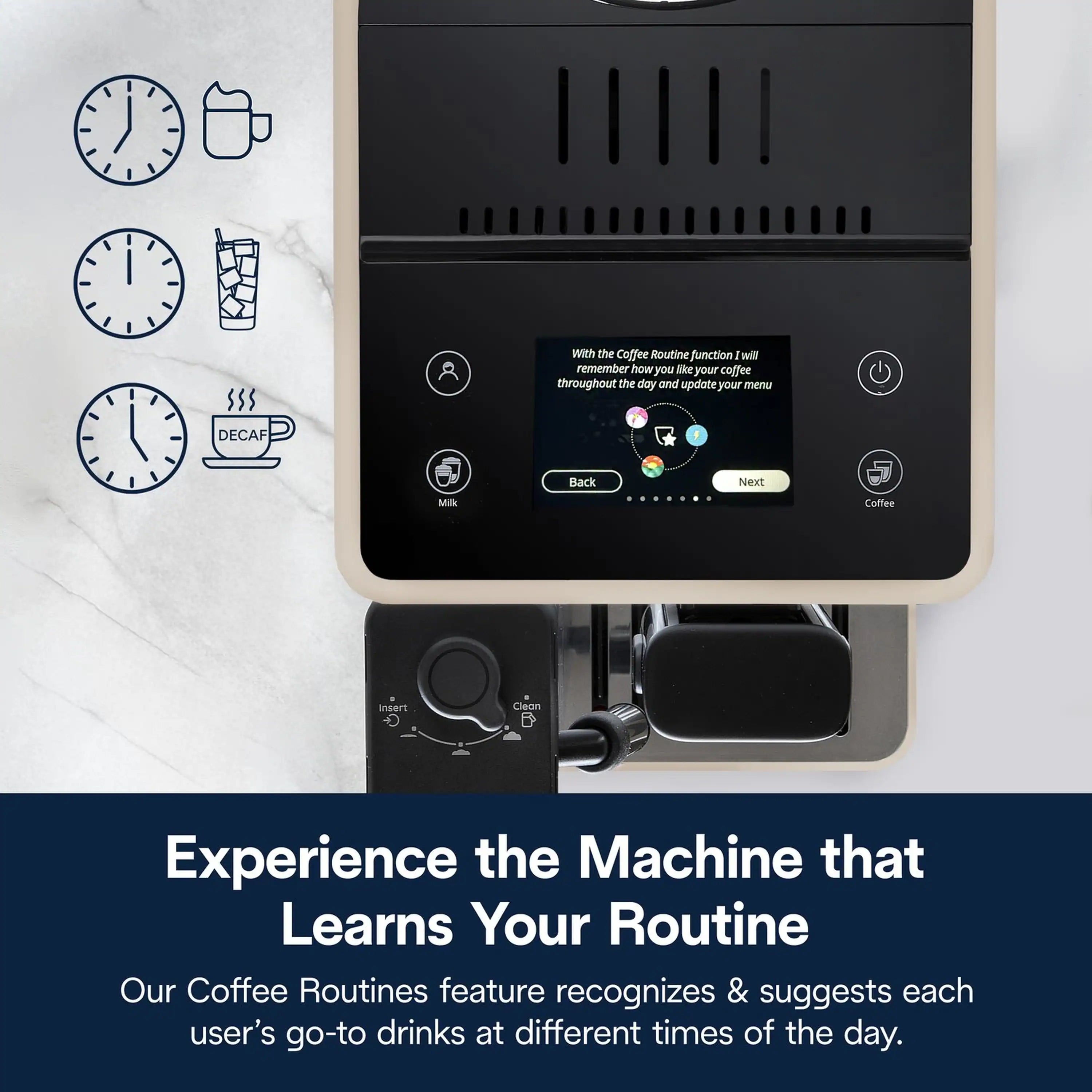 Black espresso machine front control panel with spout and cup holder.
