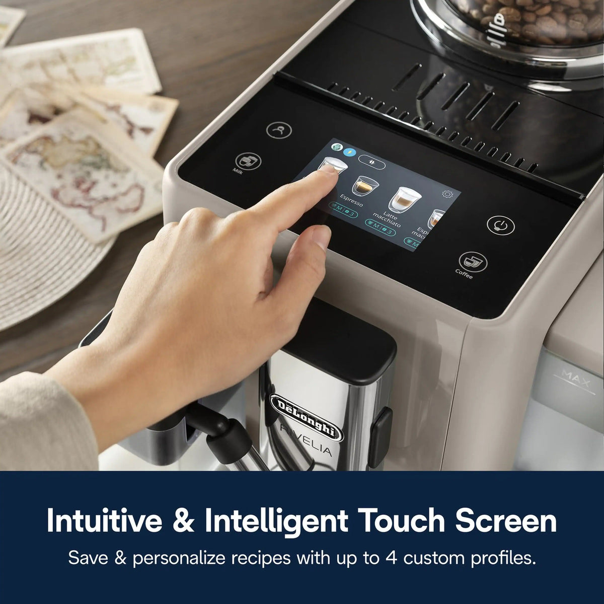 Black espresso machine touch screen with user hand selecting a drink.