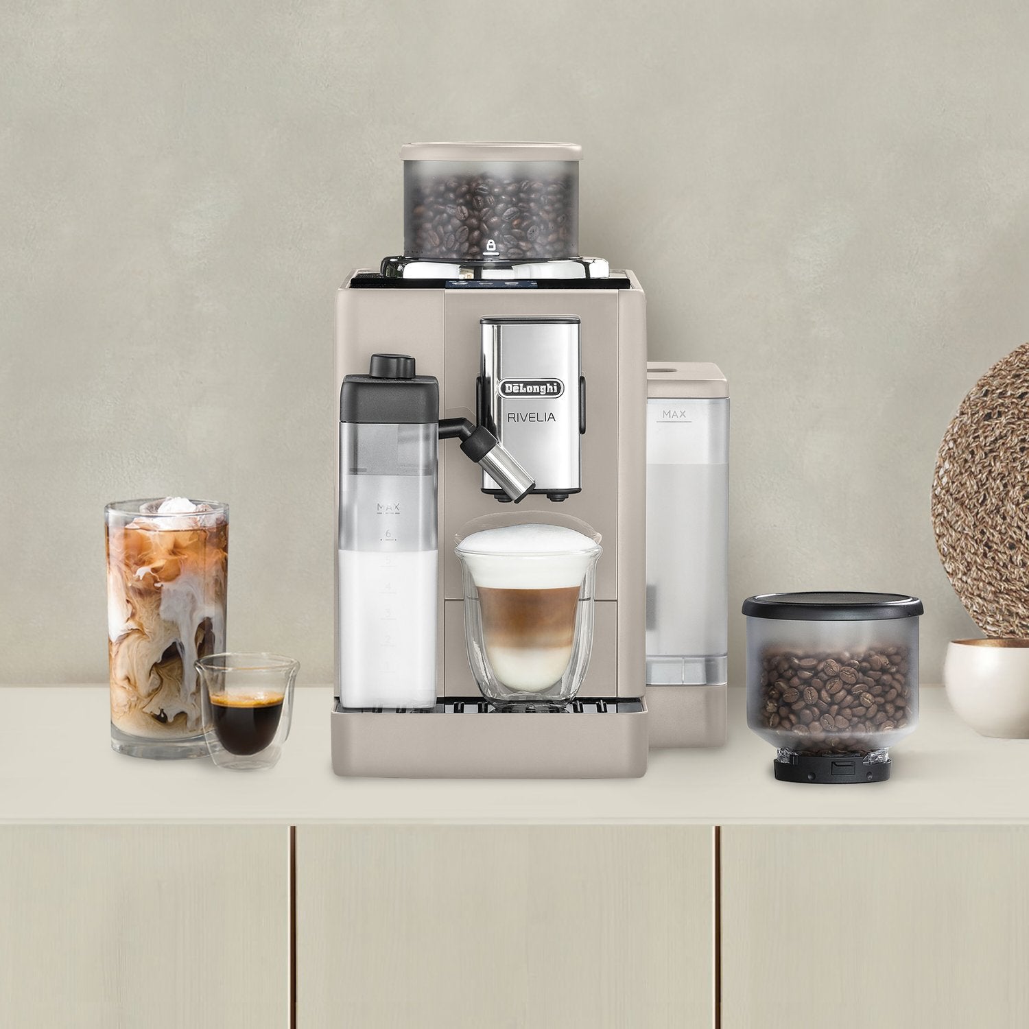 Beige fully automatic espresso machine with touchscreen display and adjustable dispensing parts