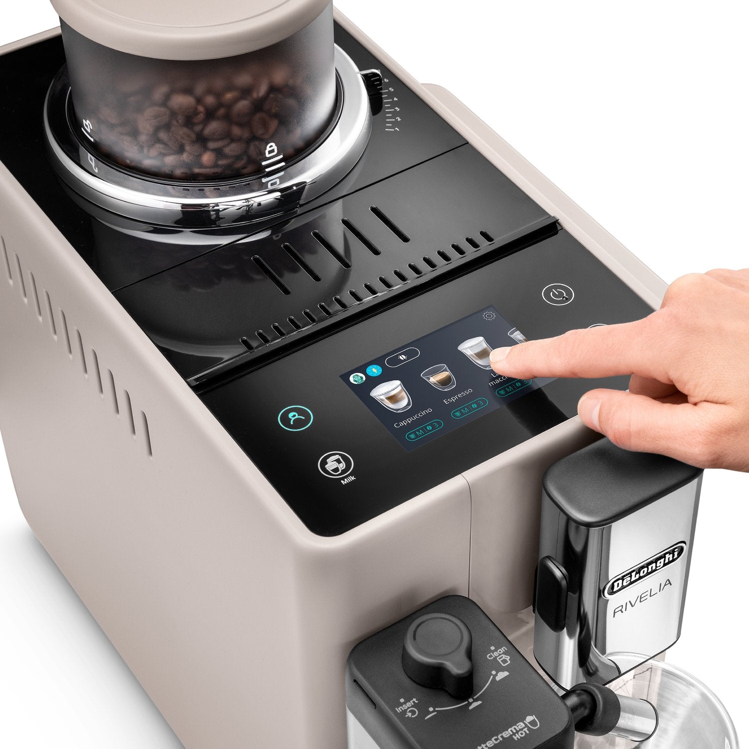 Beige espresso machine with touchscreen panel, bean hopper, and cup under the spout
