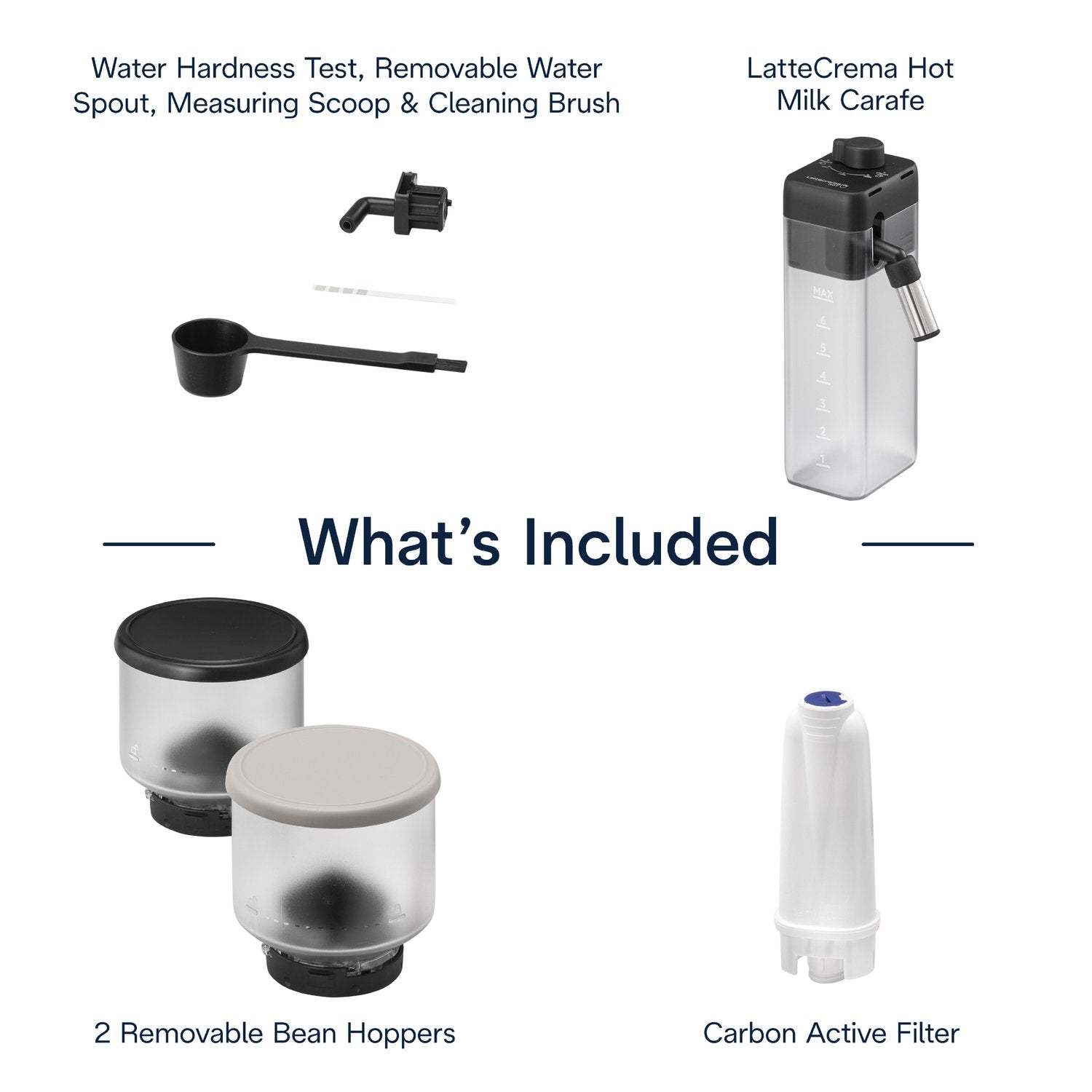 Coffee machine included parts: removable bean hoppers, carbon filter, and cleaning scoop