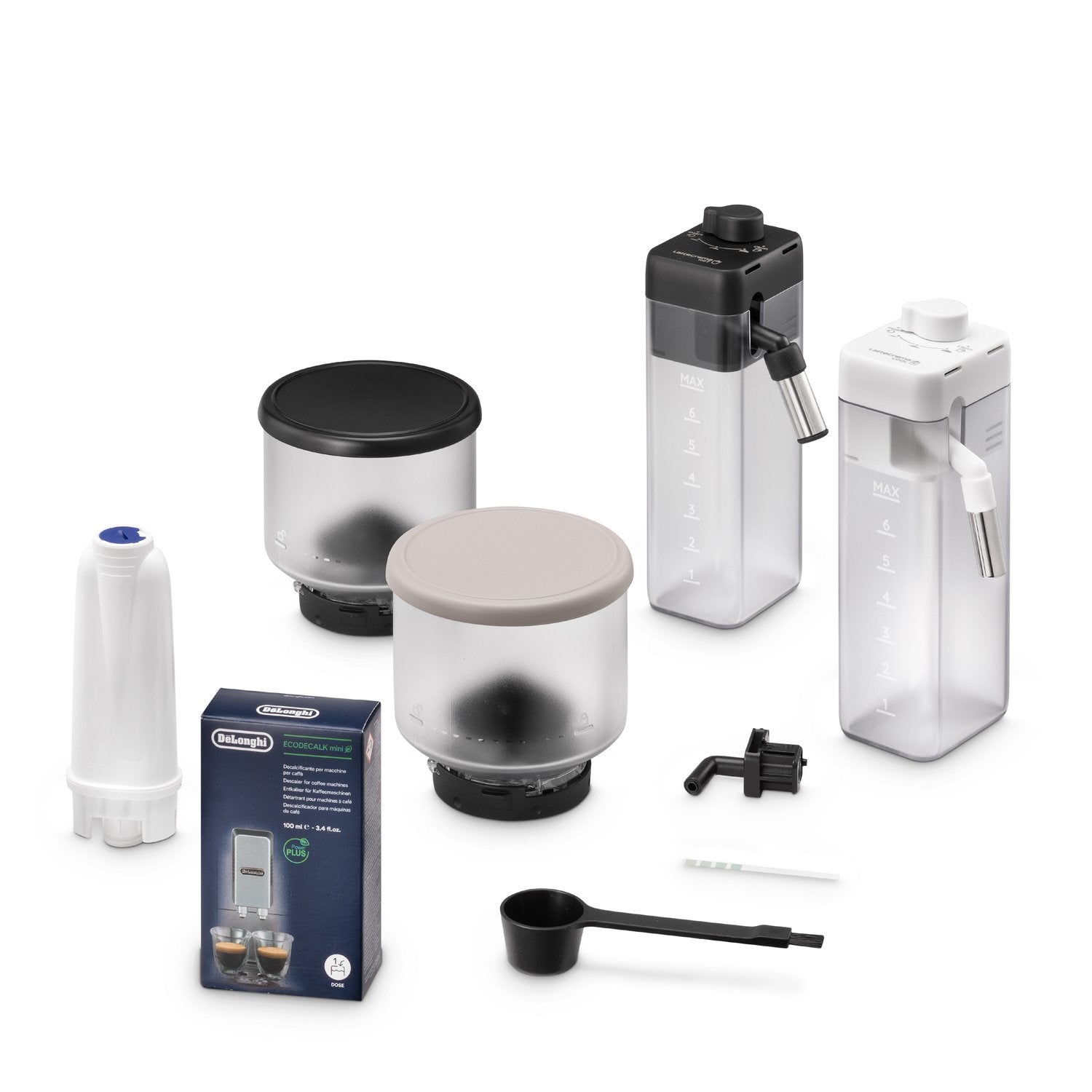 Espresso machine accessories with two removable bean hoppers, filter, and cleaning tools