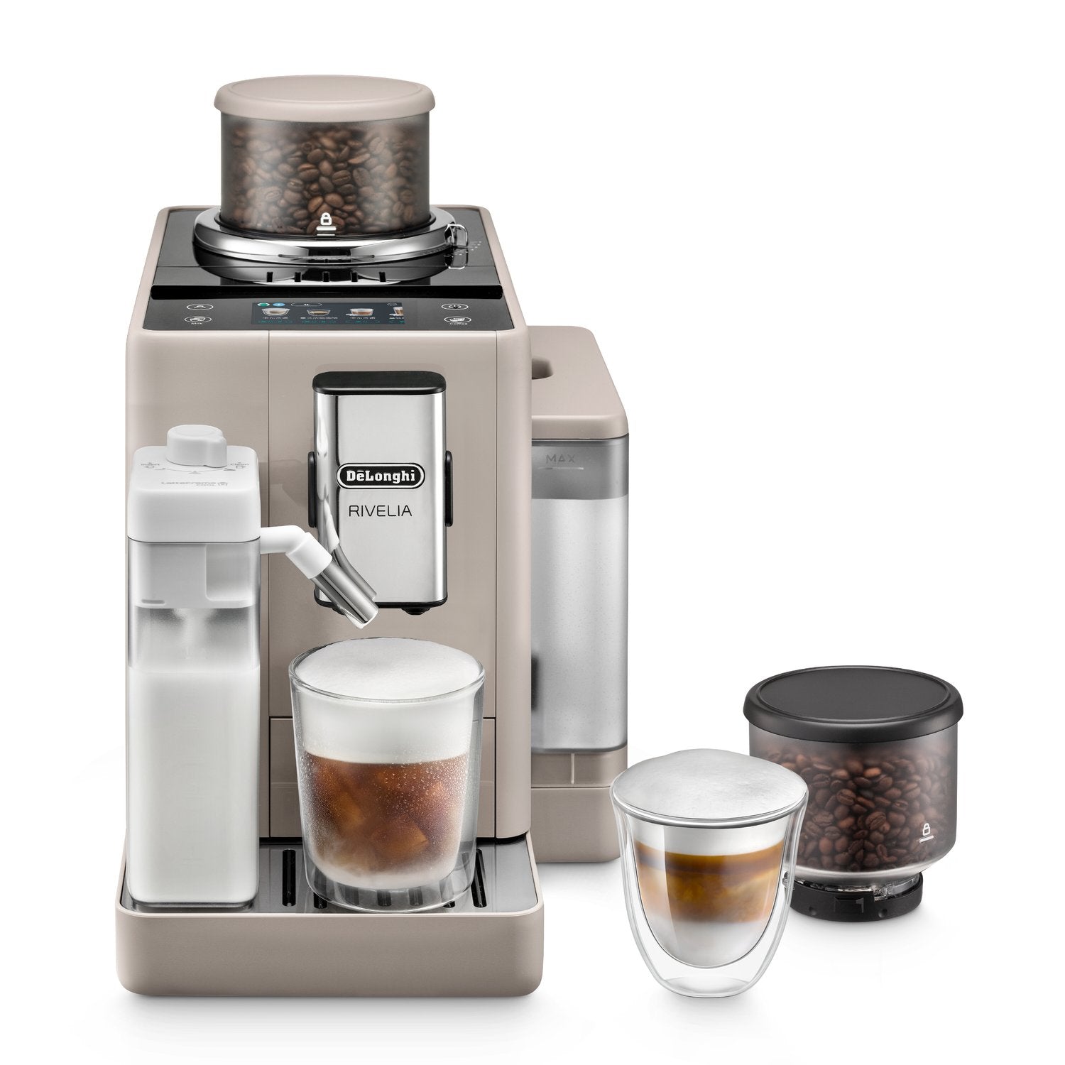 Beige fully automatic espresso machine with dual bean hoppers and brewing cup