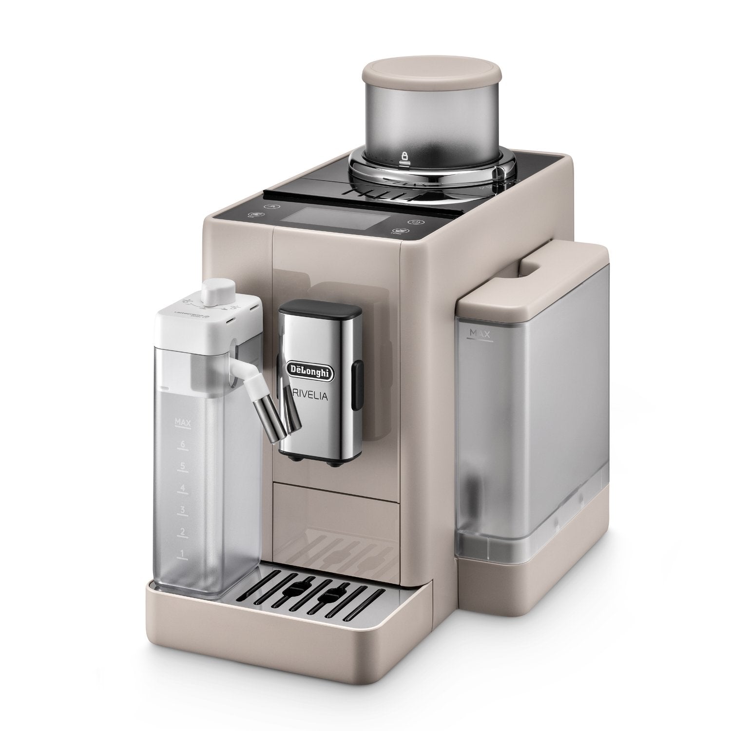 Beige fully automatic espresso machine with clear water and milk tanks, studio view