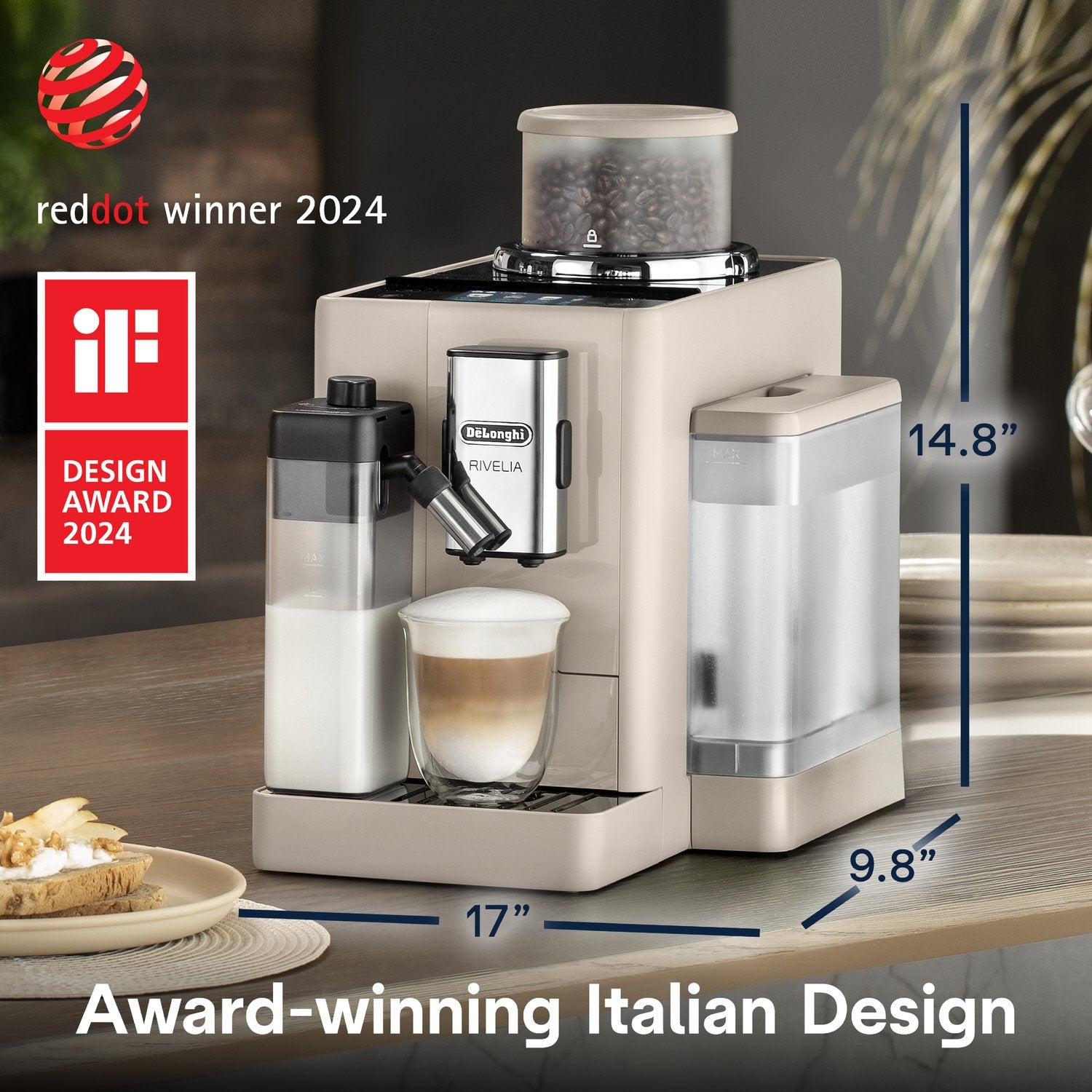 Beige espresso machine with milk container and bean hopper, front view