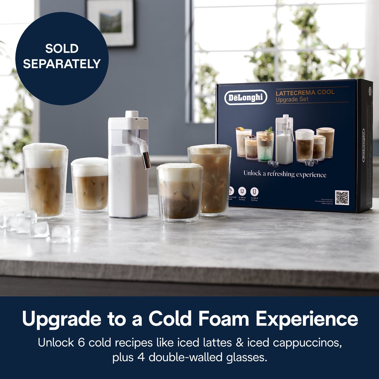 Beige espresso machine on counter with multiple cold coffee drinks and glass cups