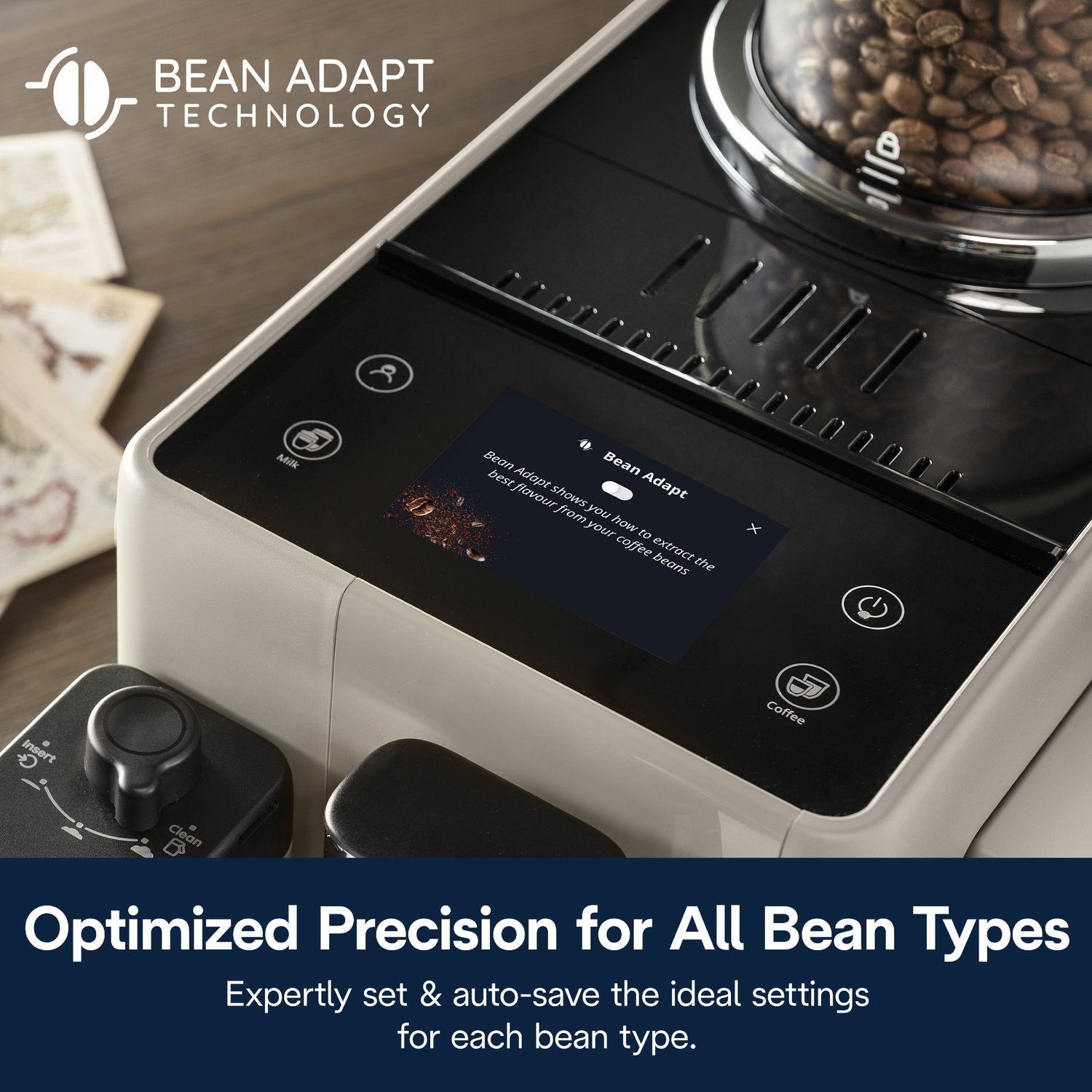 Beige espresso machine display panel with internal bean grinder area visible
