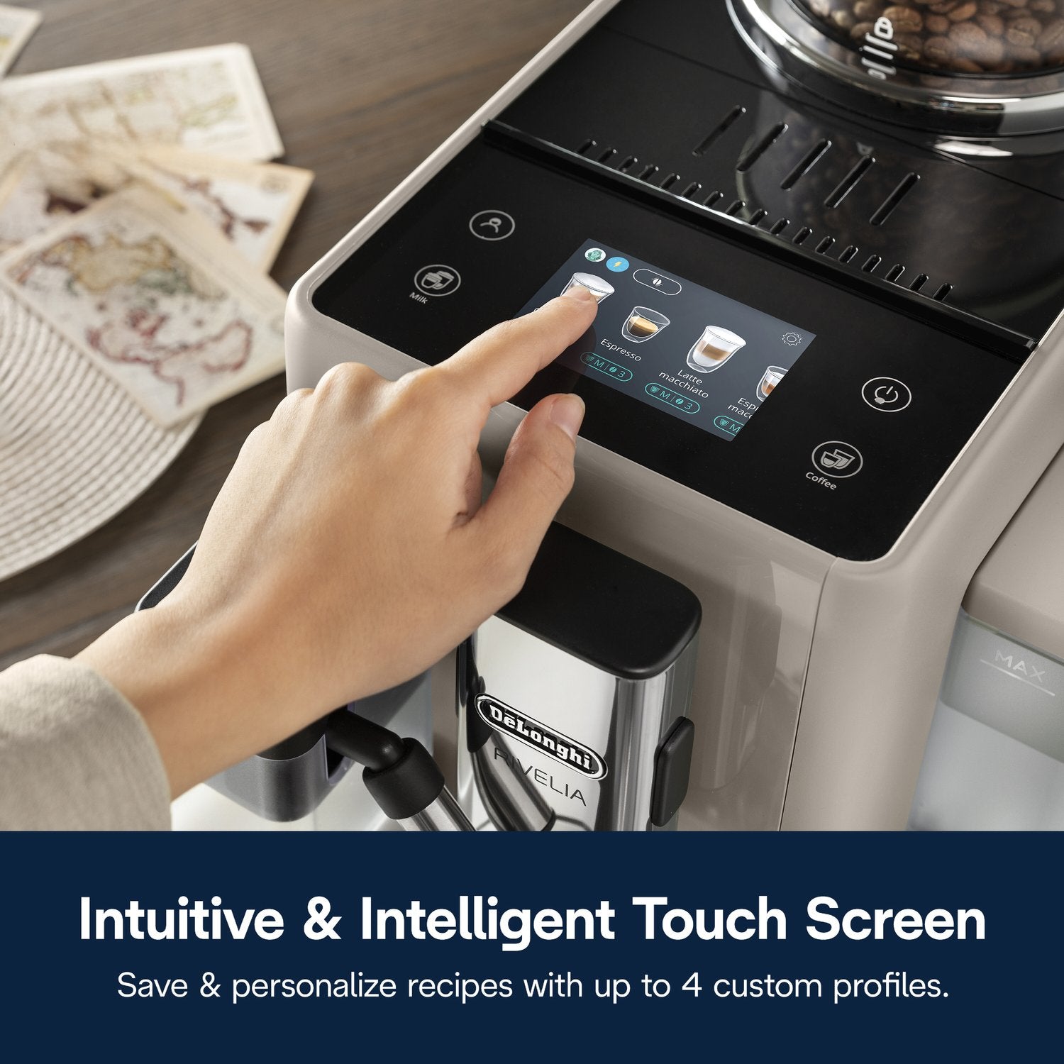 Beige espresso machine showing touch screen with hand selecting drink options