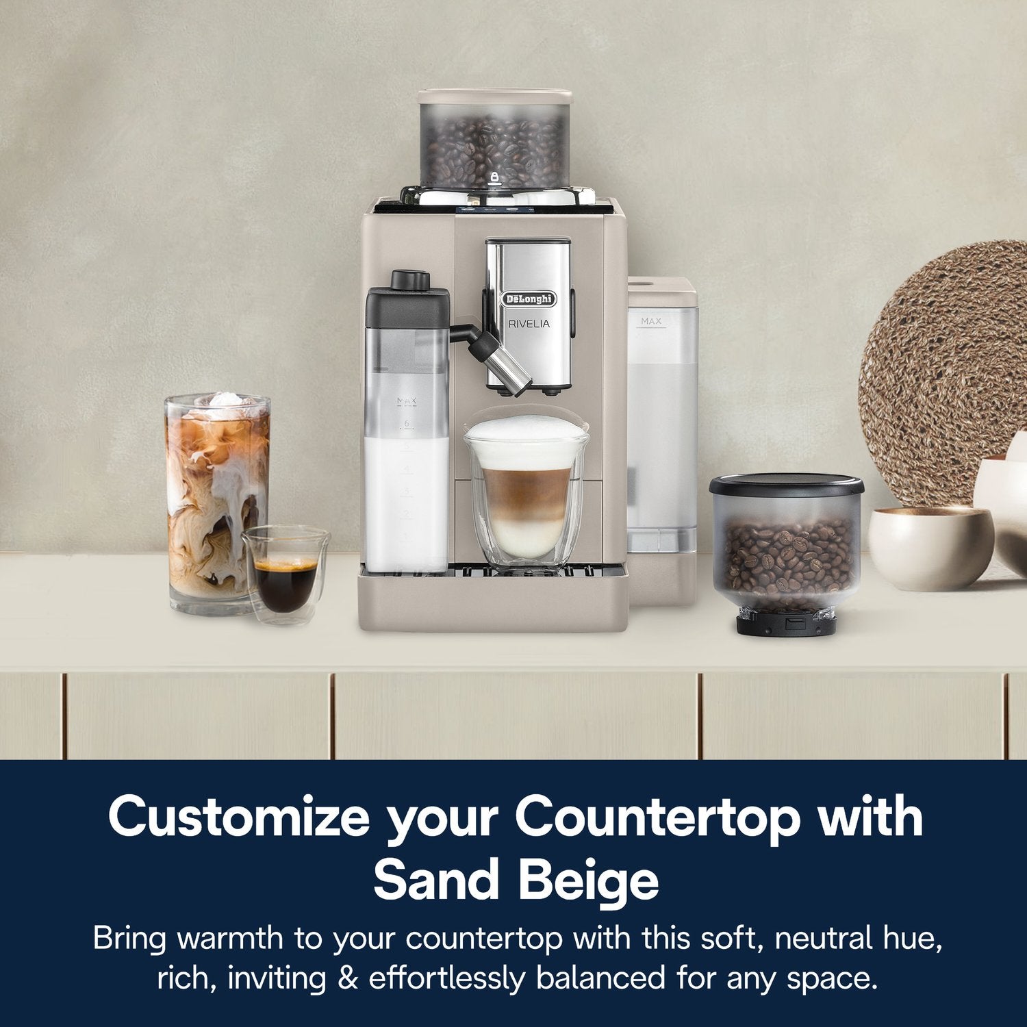Beige fully automatic espresso machine with milk frother and built-in cup system