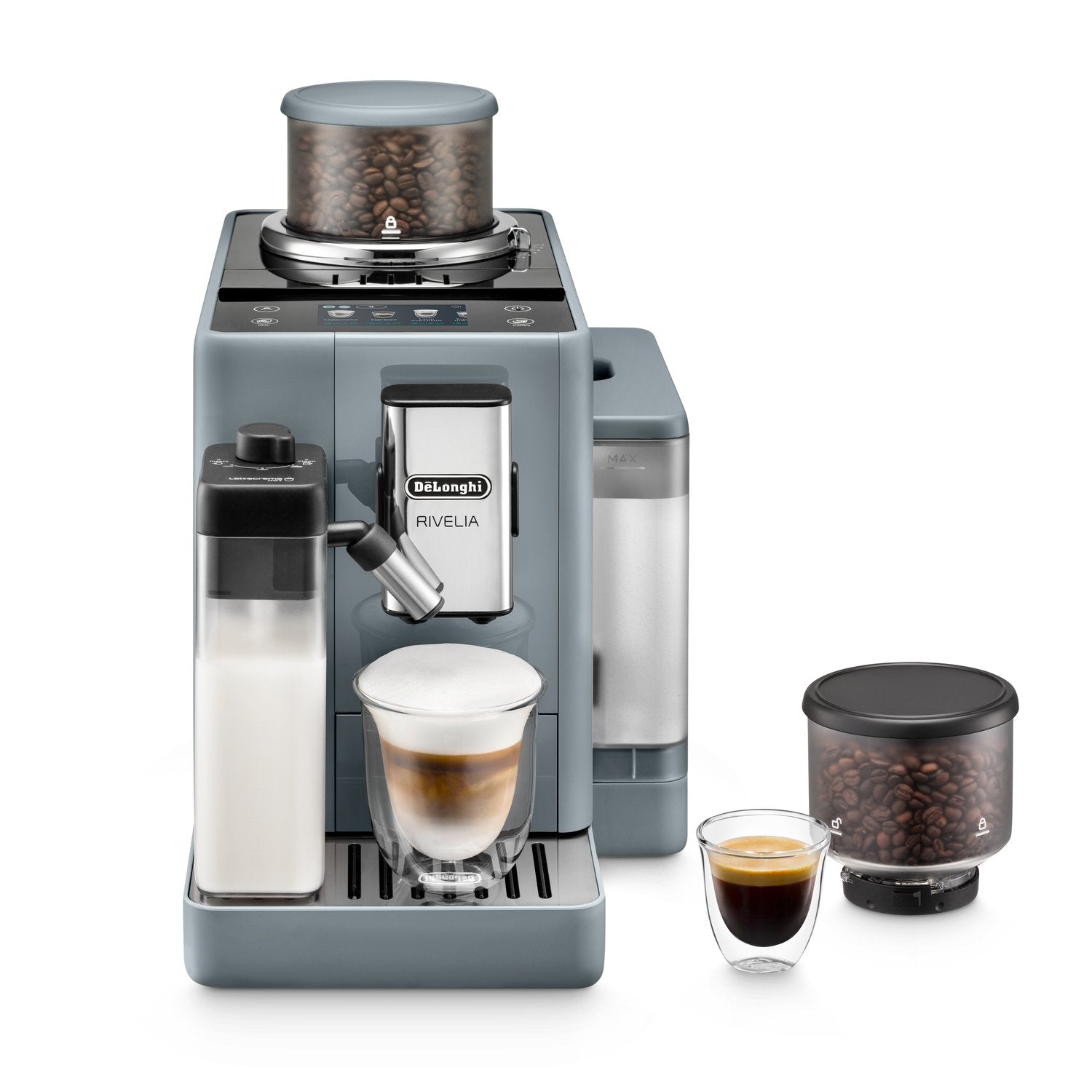 Pebble gray fully automatic espresso machine with espresso cup and two bean containers