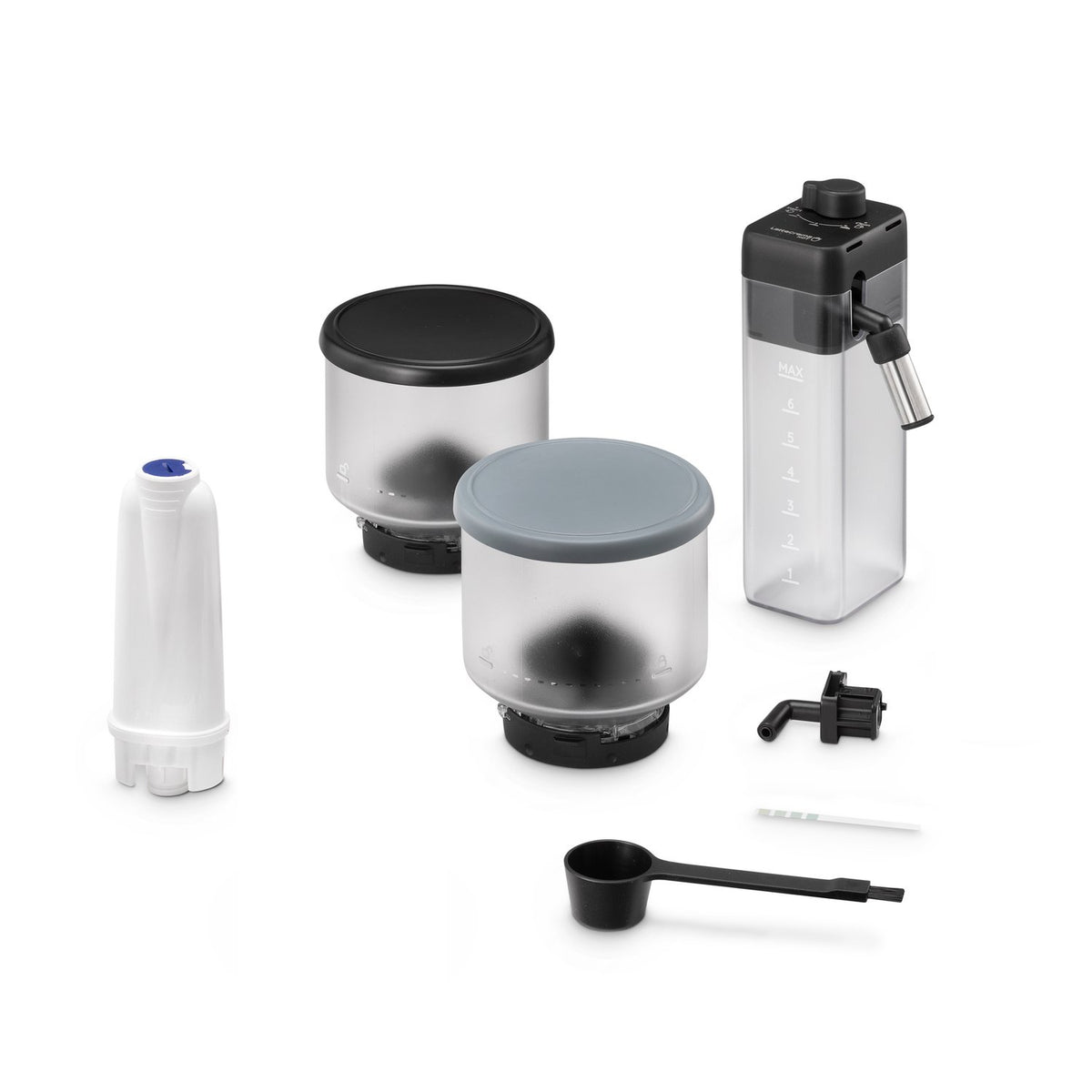 Pebble gray espresso machine accessories including two bean hoppers and dispensing parts