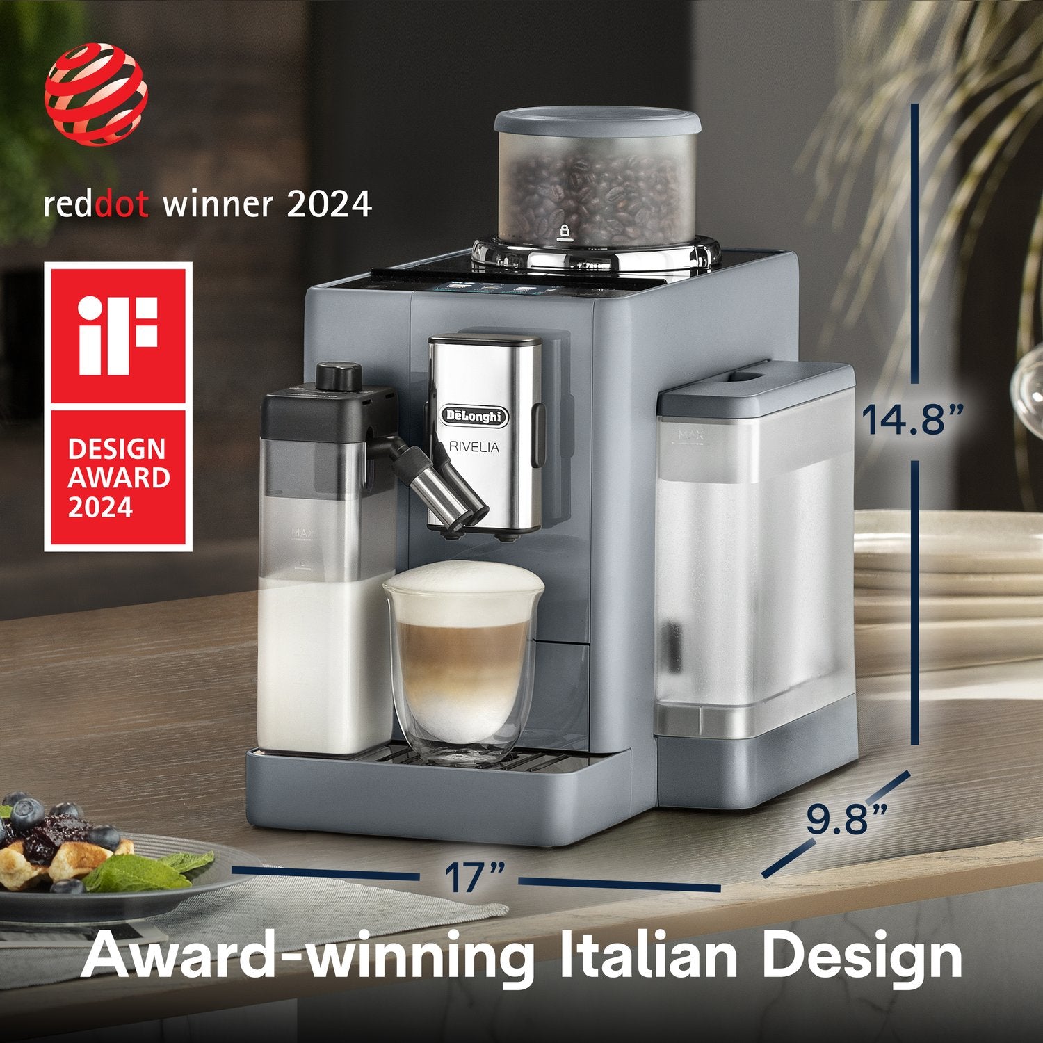 Pebble gray fully automatic espresso machine with cup on drip tray and milk container